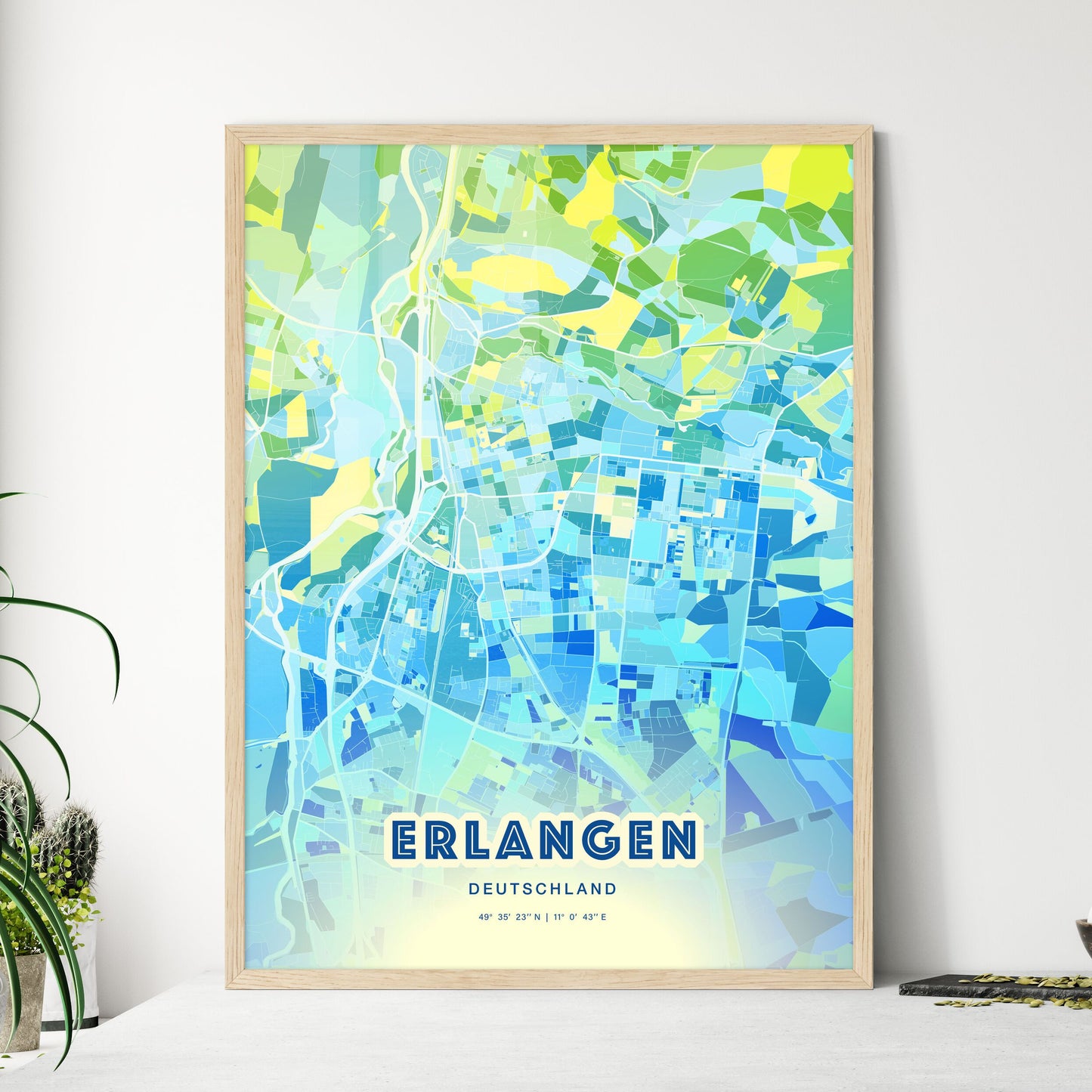 Colorful Erlangen Germany Fine Art Map Cool Blue