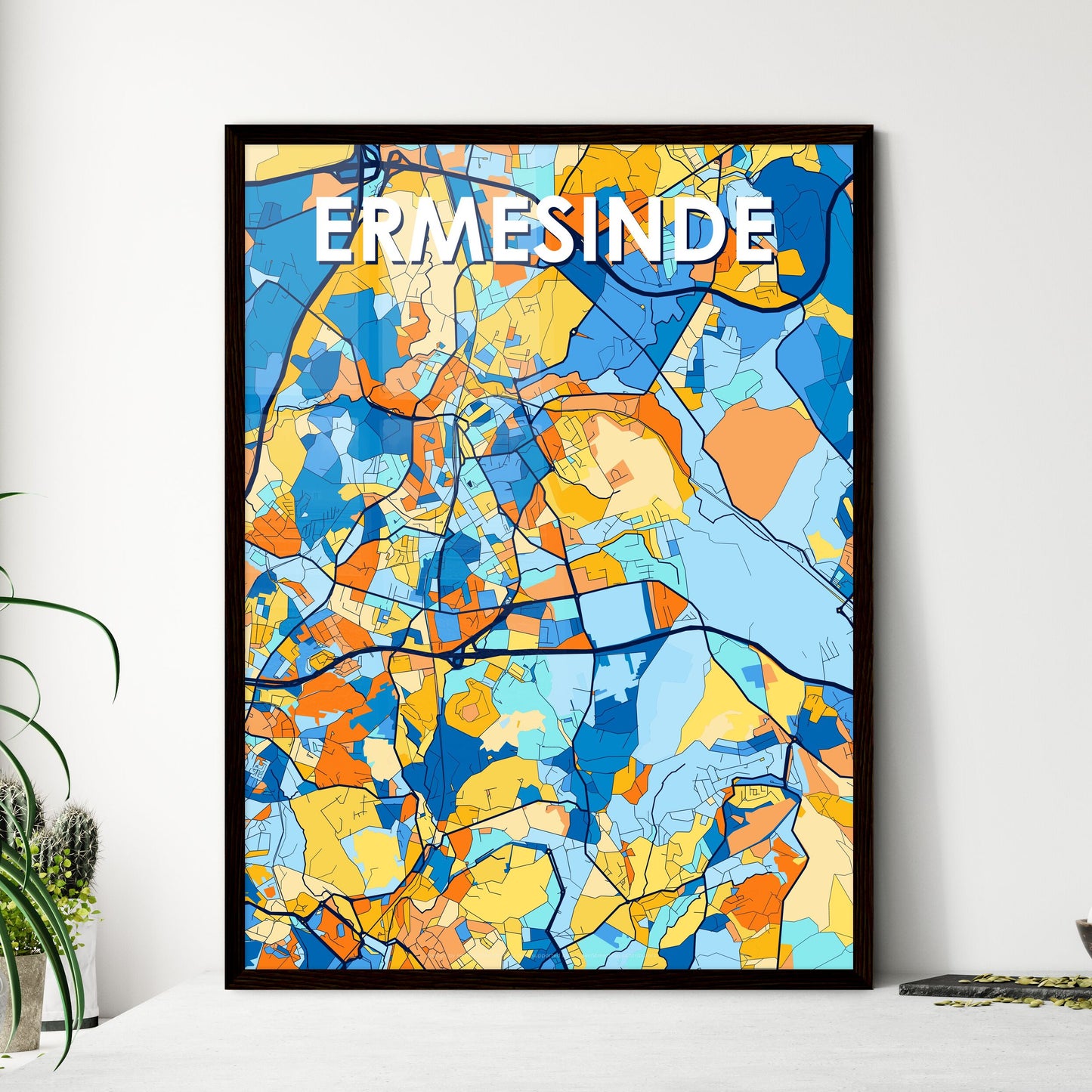 ERMESINDE PORTUGAL Vibrant Colorful Art Map Poster Blue Orange