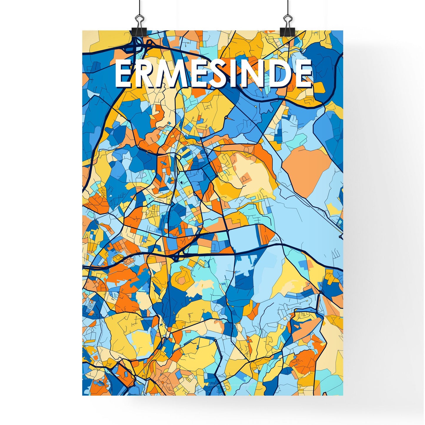 ERMESINDE PORTUGAL Vibrant Colorful Art Map Poster Blue Orange