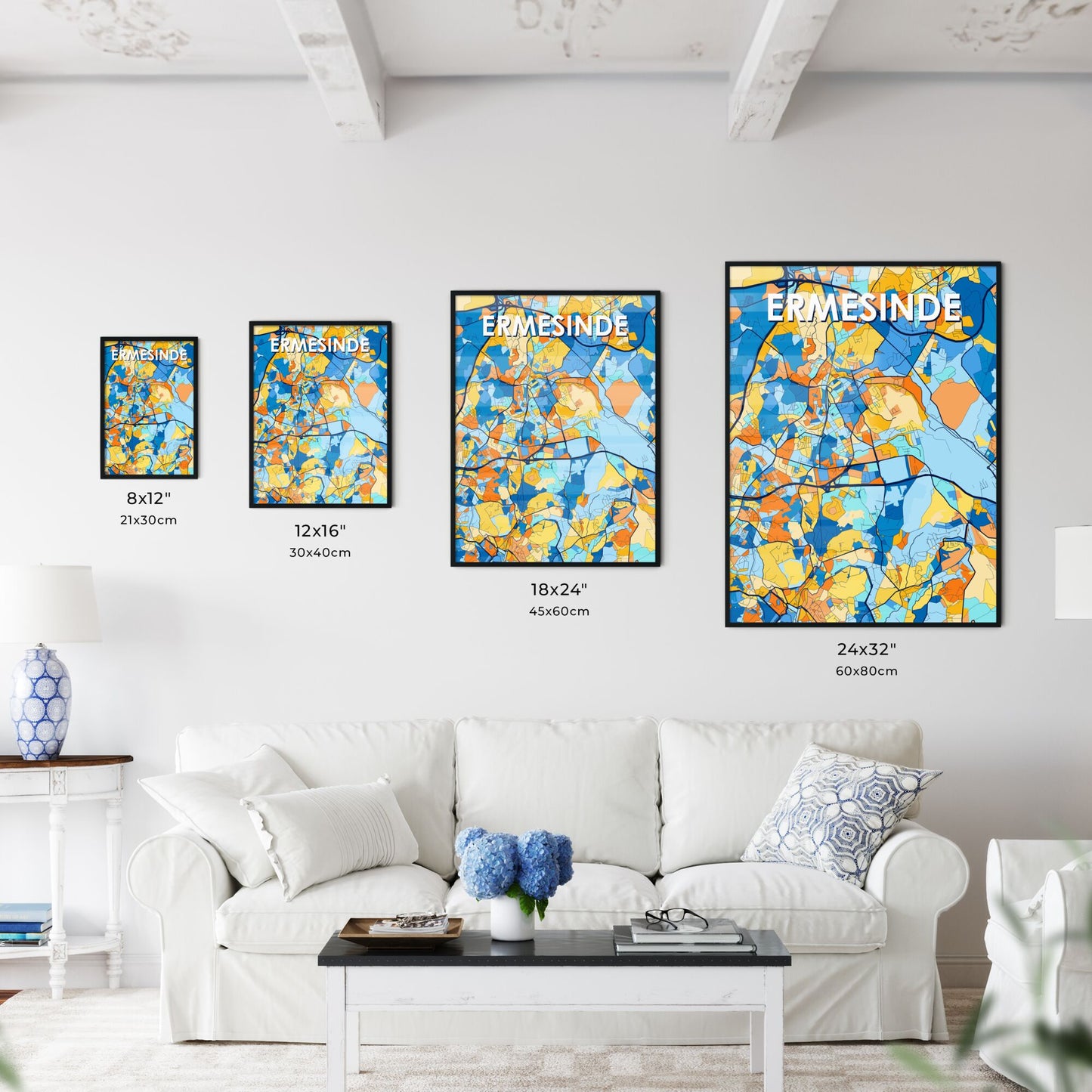 ERMESINDE PORTUGAL Vibrant Colorful Art Map Poster Blue Orange