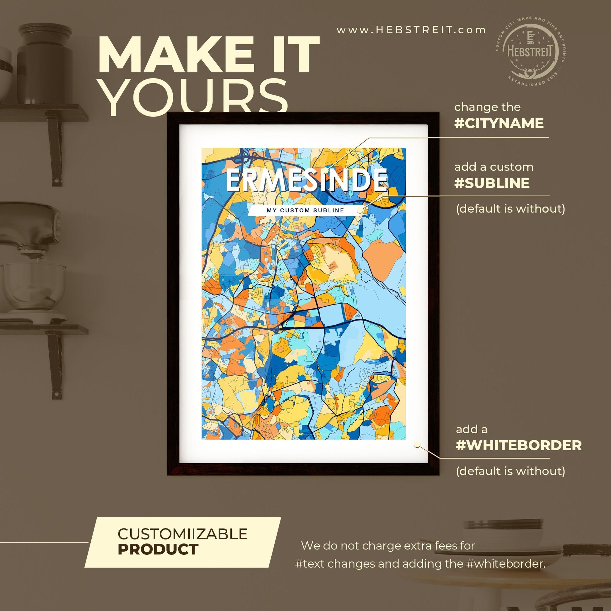 ERMESINDE PORTUGAL Vibrant Colorful Art Map Poster Blue Orange