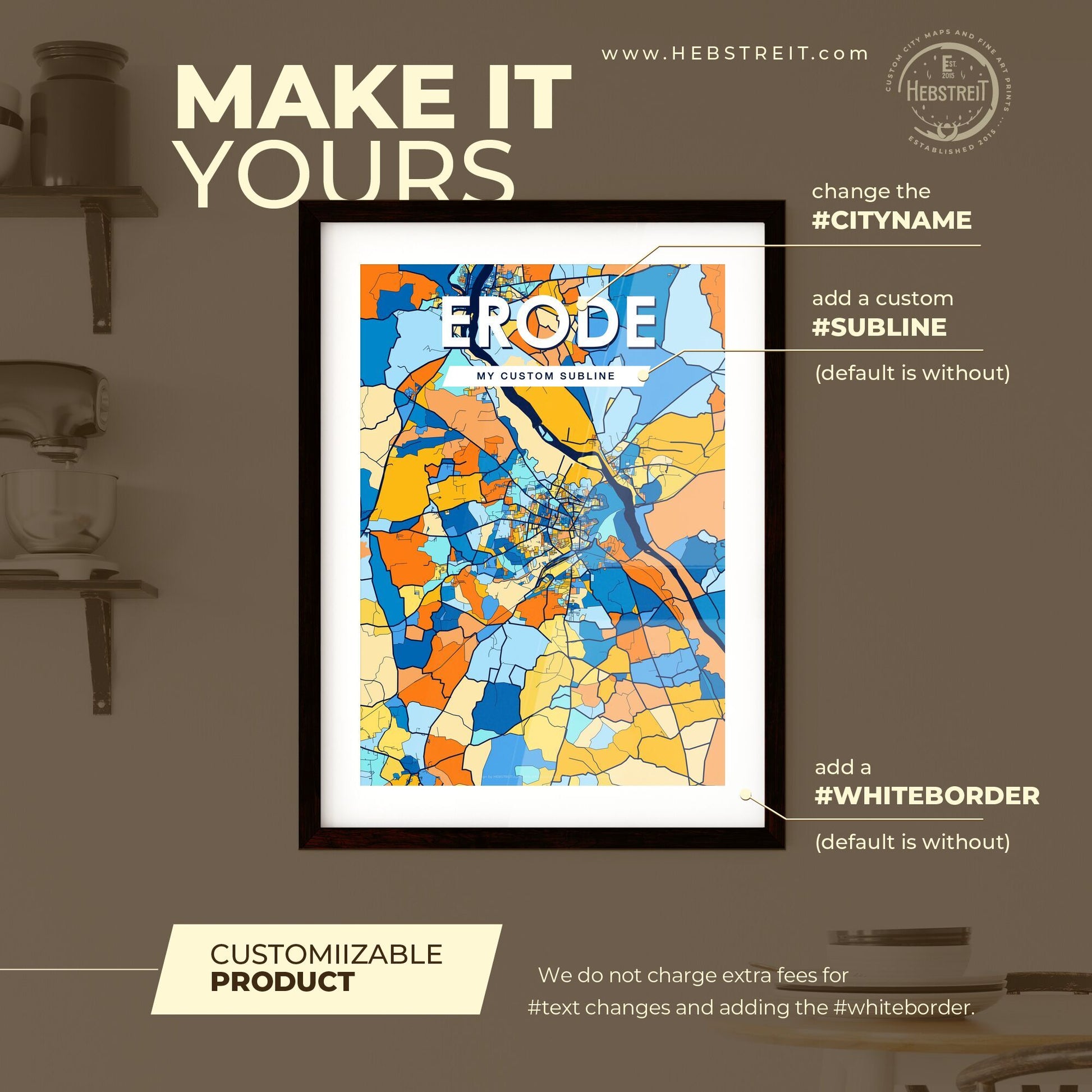 ERODE INDIA Vibrant Colorful Art Map Poster Blue Orange