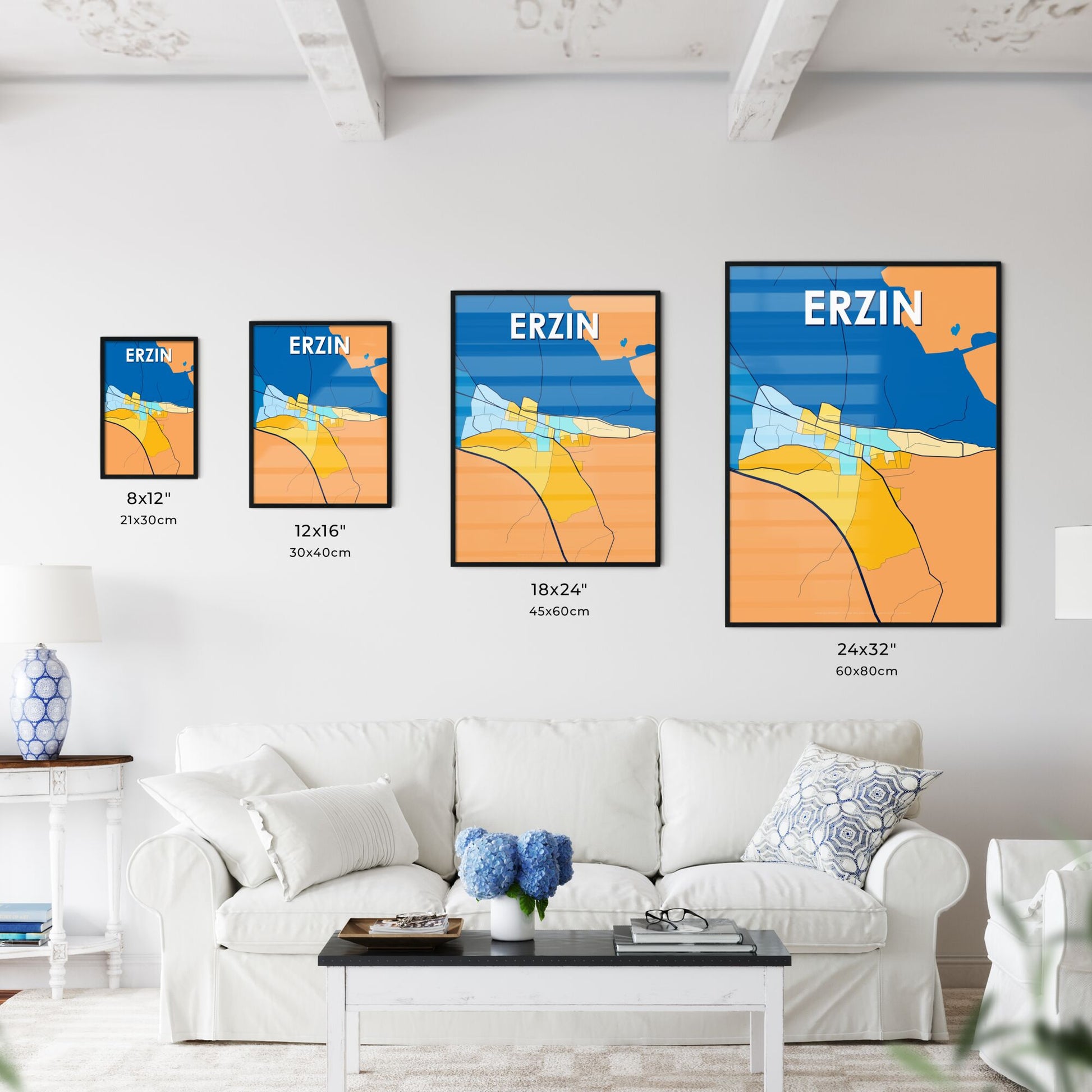 ERZIN TURKEY Vibrant Colorful Art Map Poster Blue Orange