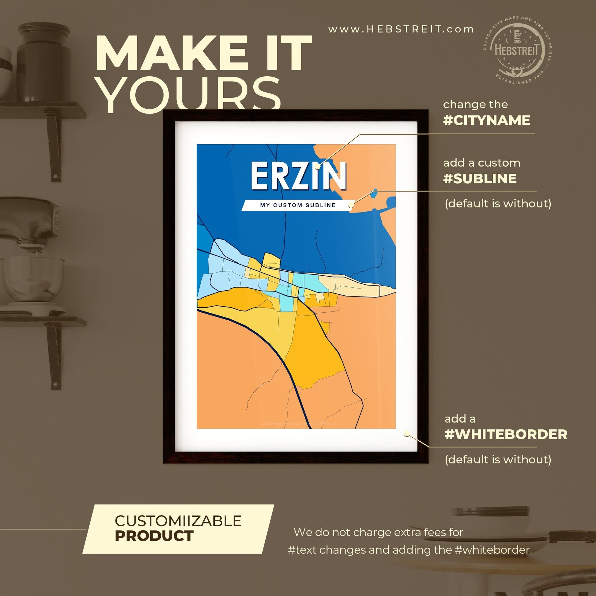 ERZIN TURKEY Vibrant Colorful Art Map Poster Blue Orange