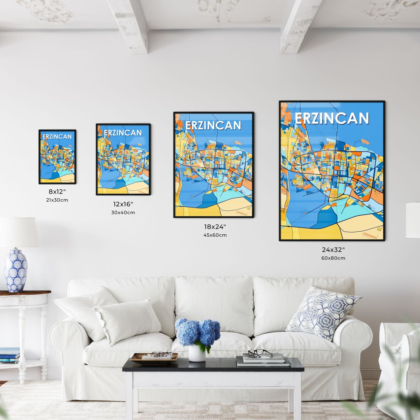 ERZINCAN TURKEY Vibrant Colorful Art Map Poster Blue Orange