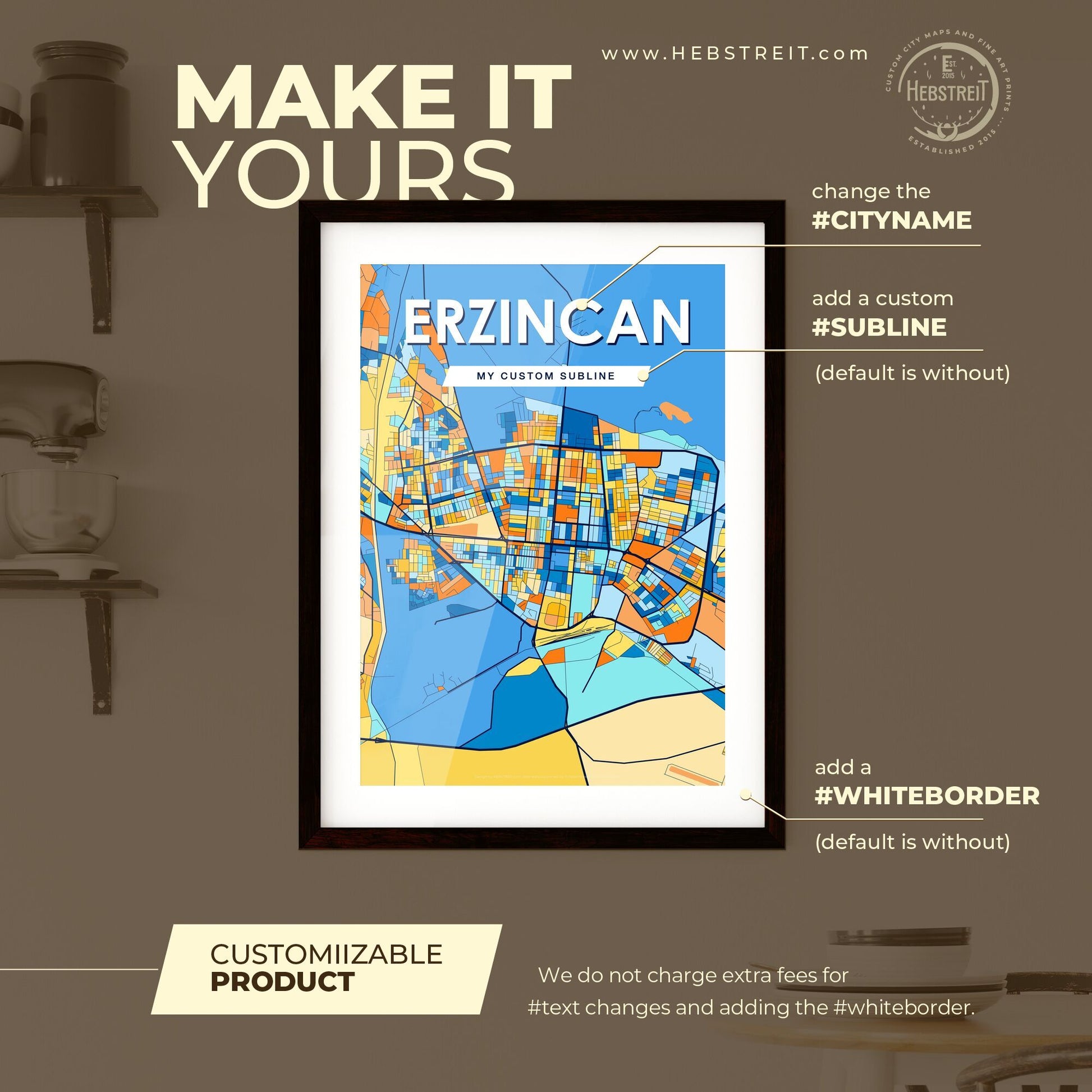 ERZINCAN TURKEY Vibrant Colorful Art Map Poster Blue Orange