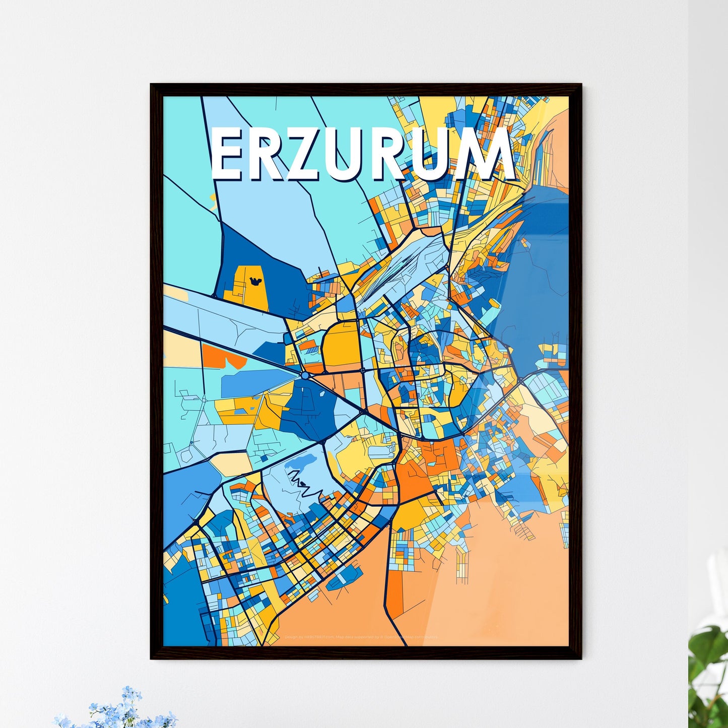 ERZURUM TURKEY Vibrant Colorful Art Map Poster Blue Orange