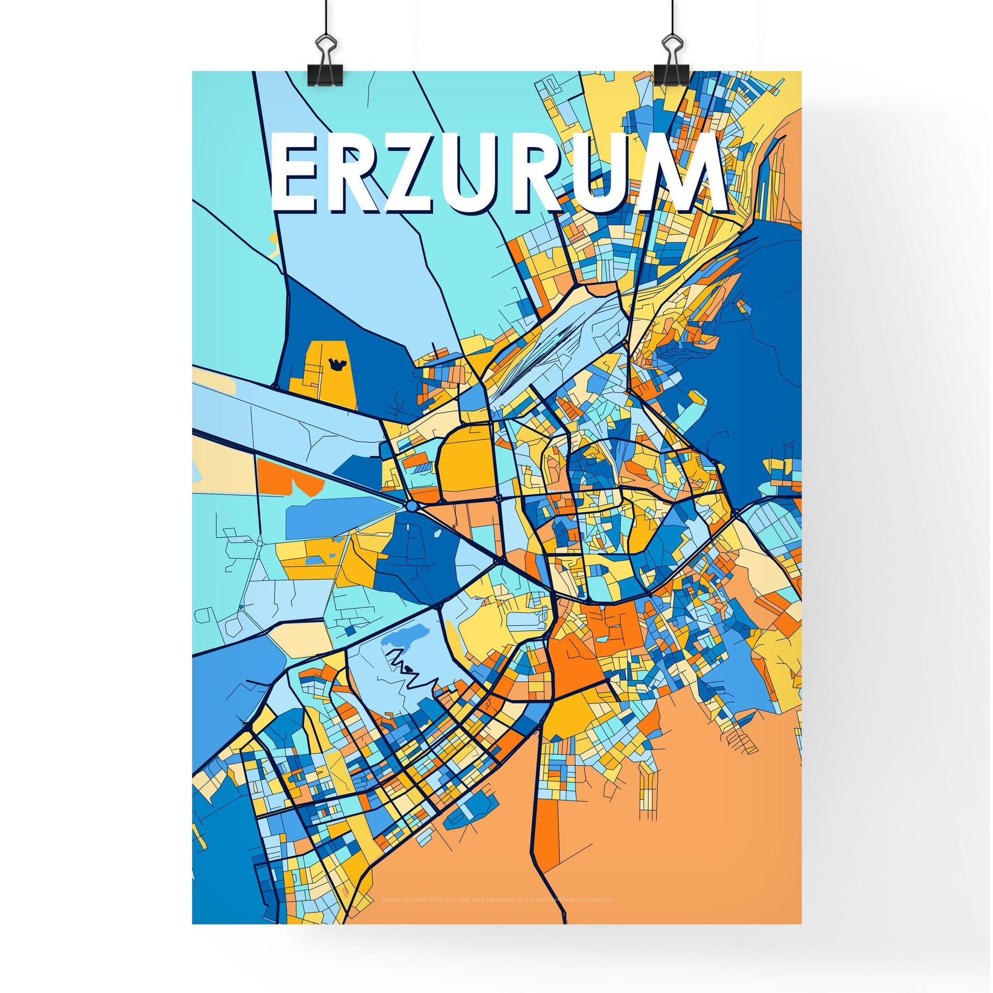 ERZURUM TURKEY Vibrant Colorful Art Map Poster Blue Orange