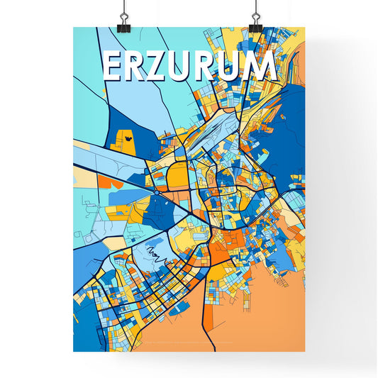 ERZURUM TURKEY Vibrant Colorful Art Map Poster Blue Orange