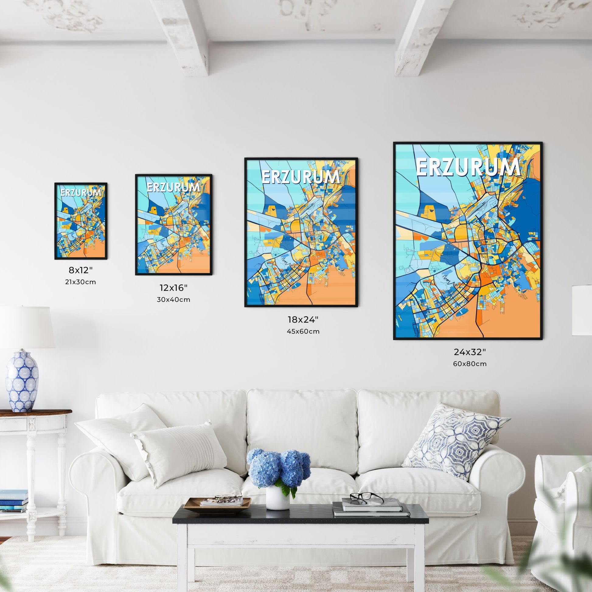 ERZURUM TURKEY Vibrant Colorful Art Map Poster Blue Orange