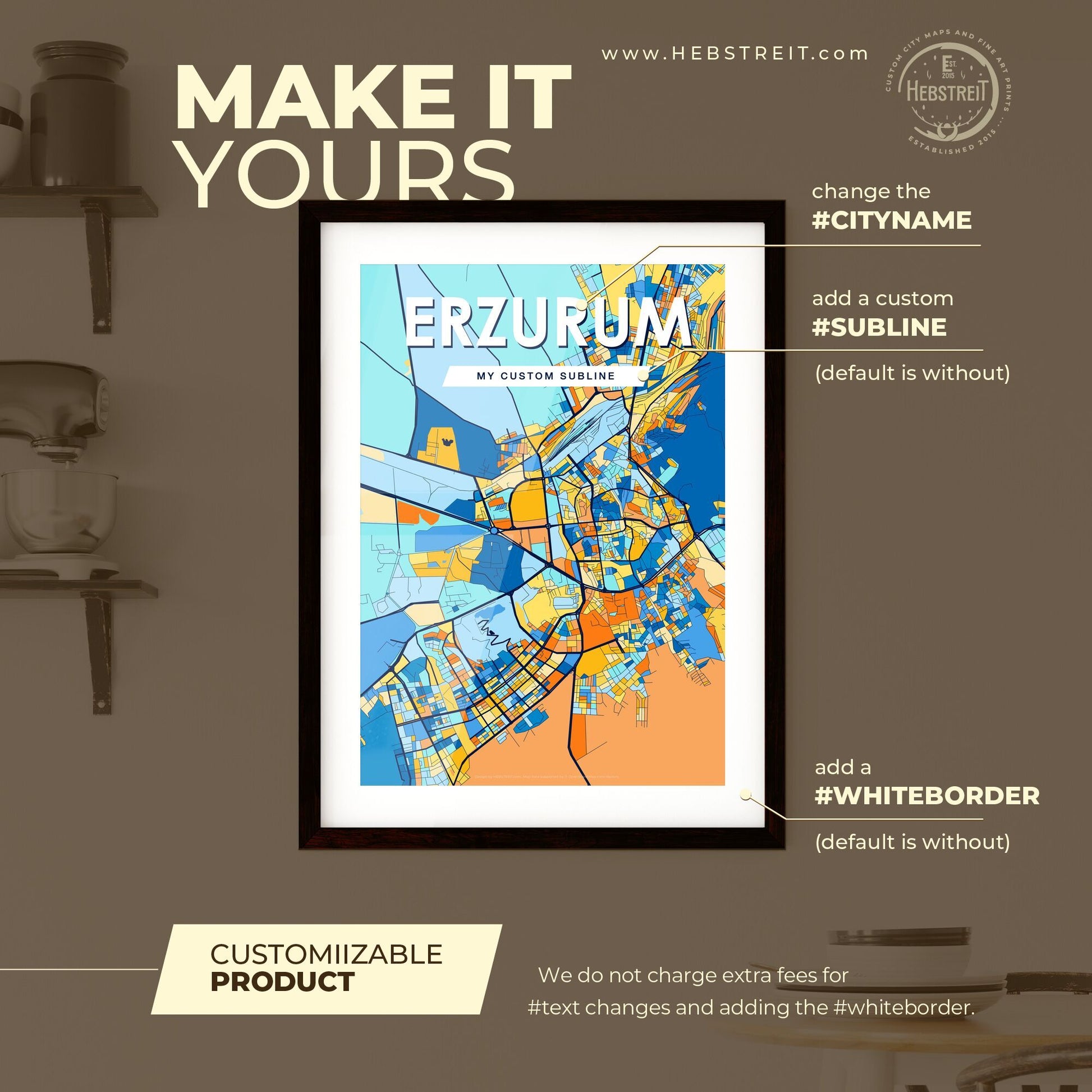 ERZURUM TURKEY Vibrant Colorful Art Map Poster Blue Orange