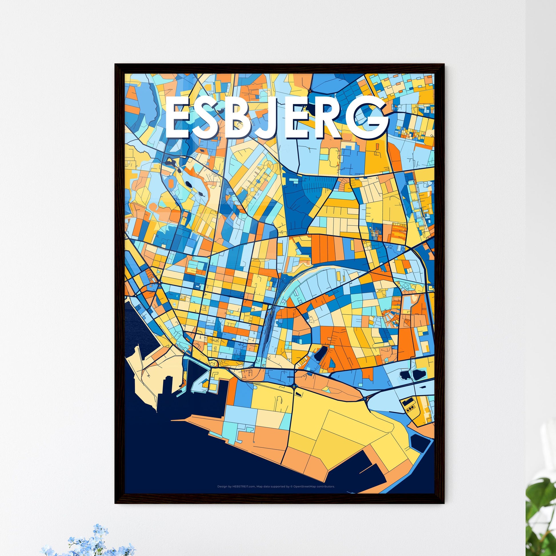 ESBJERG DENMARK Vibrant Colorful Art Map Poster Blue Orange