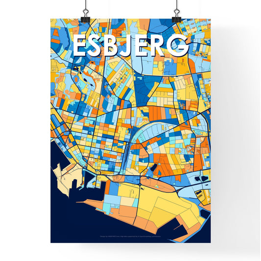 ESBJERG DENMARK Vibrant Colorful Art Map Poster Blue Orange