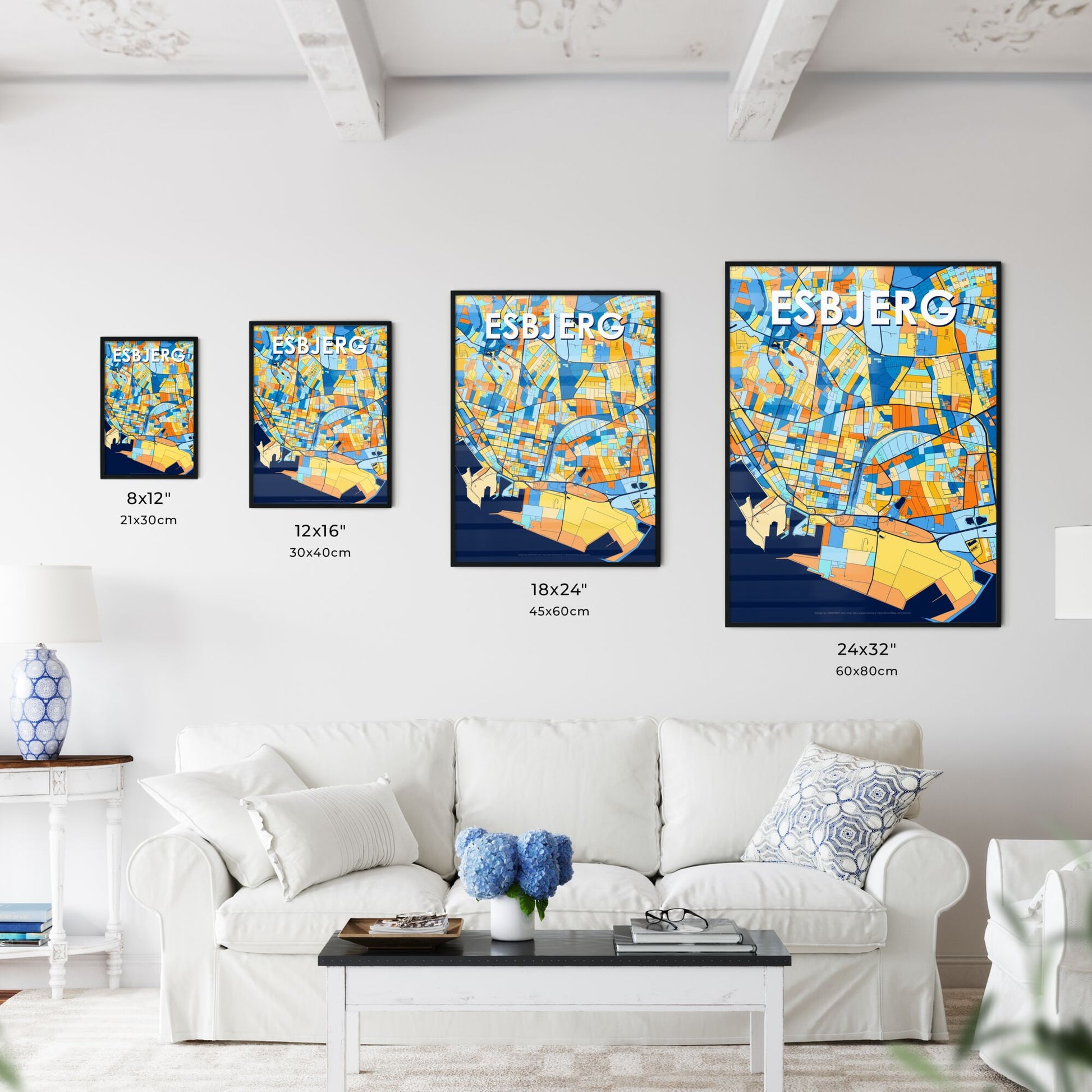 ESBJERG DENMARK Vibrant Colorful Art Map Poster Blue Orange