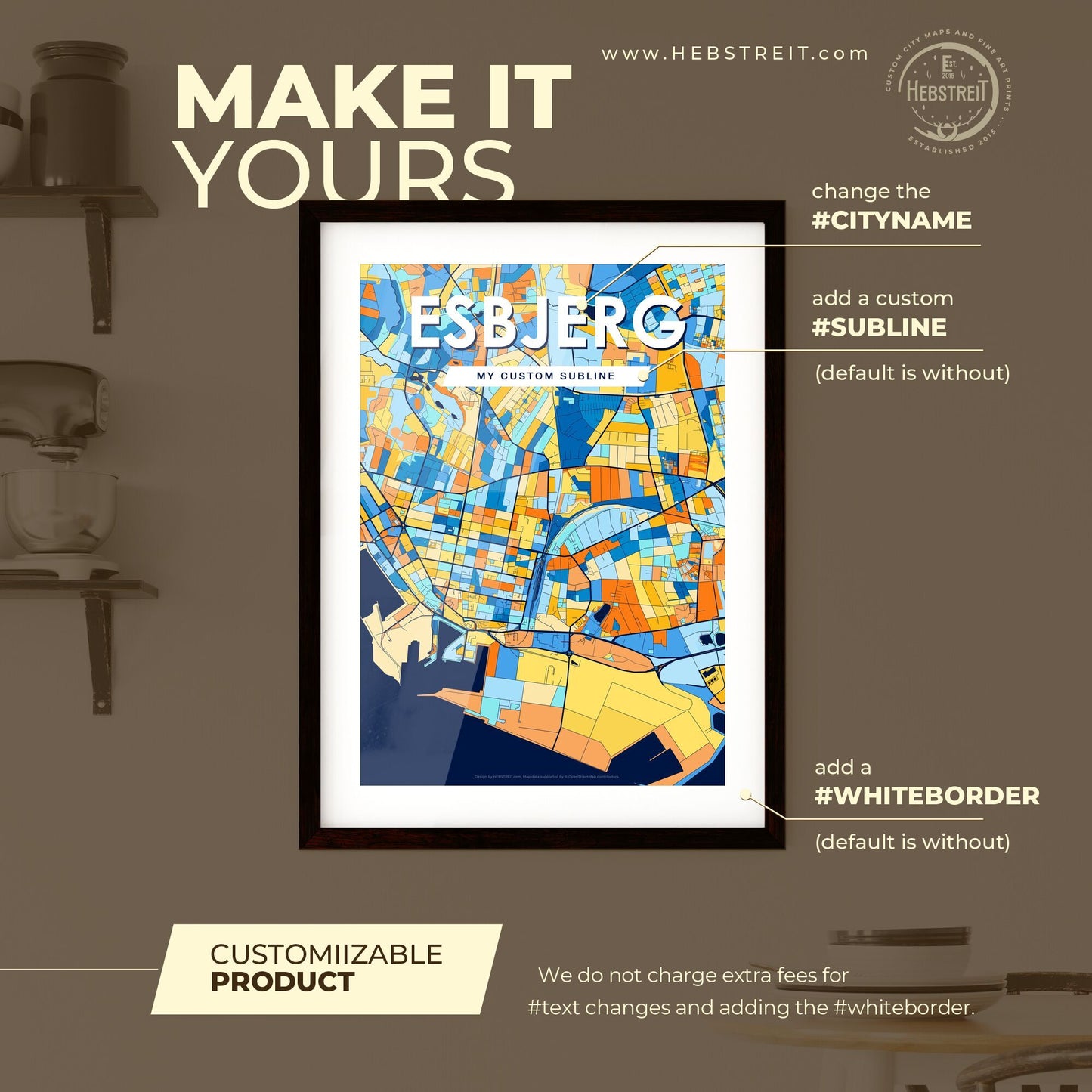 ESBJERG DENMARK Vibrant Colorful Art Map Poster Blue Orange