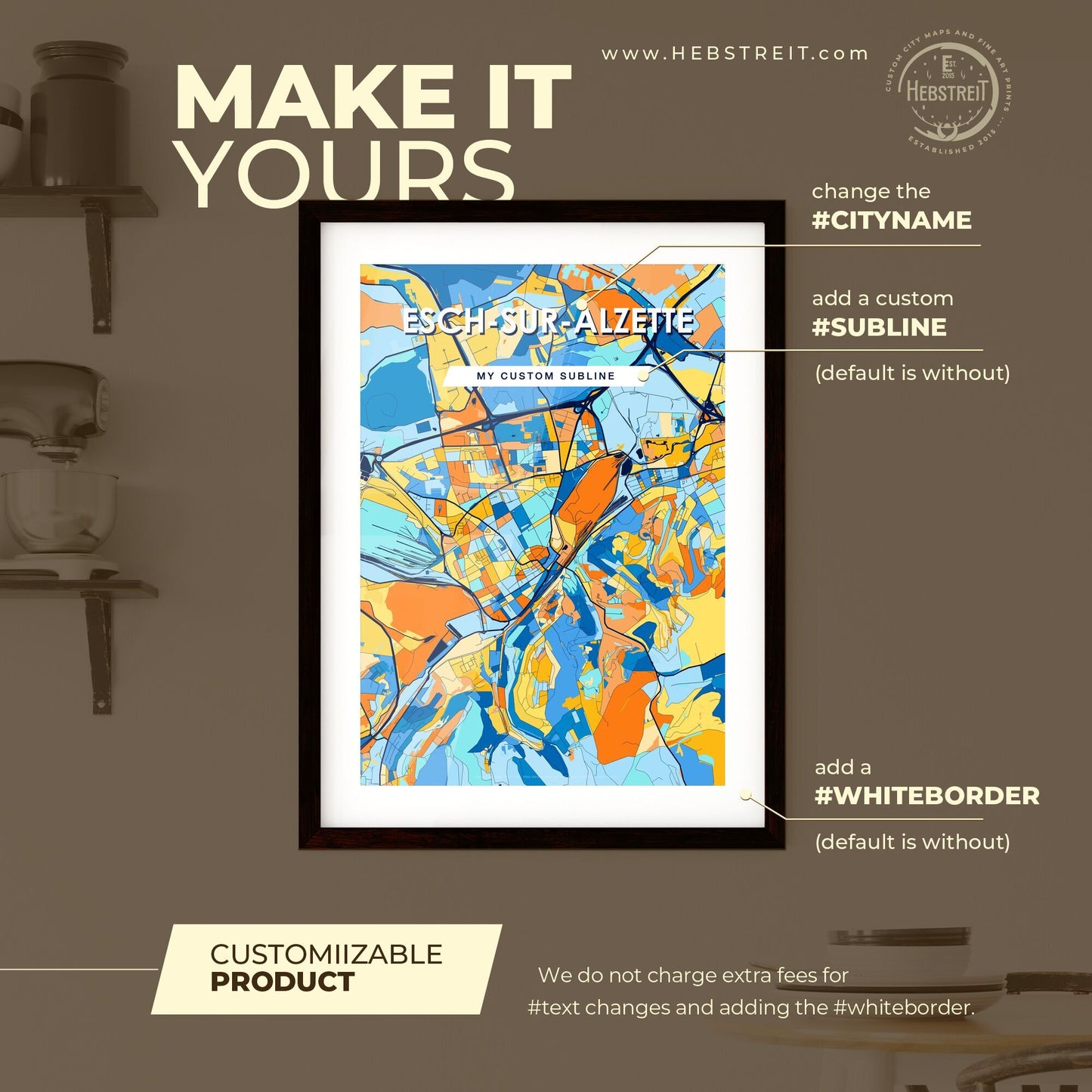 ESCH-SUR-ALZETTE LUXEMBOURG Vibrant Colorful Art Map Poster Blue Orange