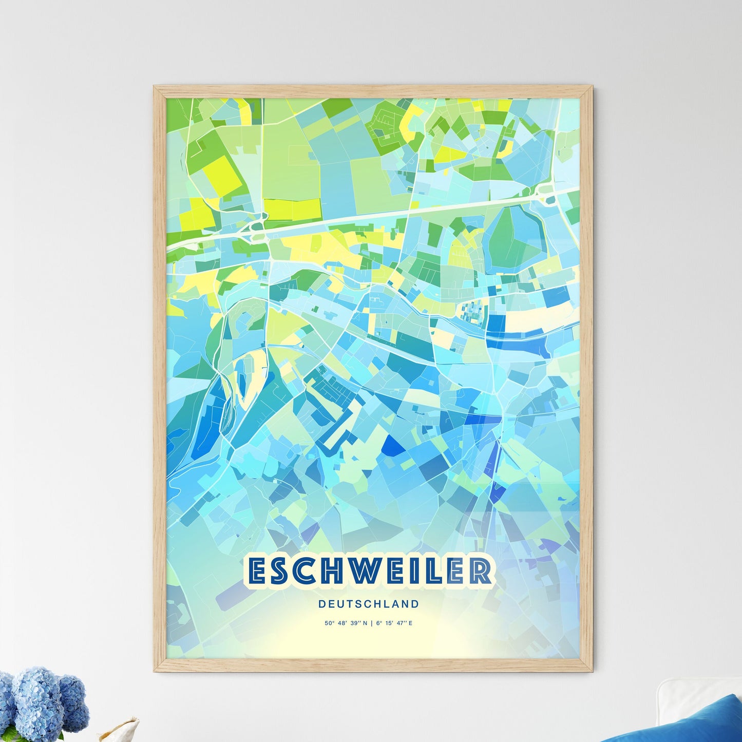 Colorful Eschweiler Germany Fine Art Map Cool Blue