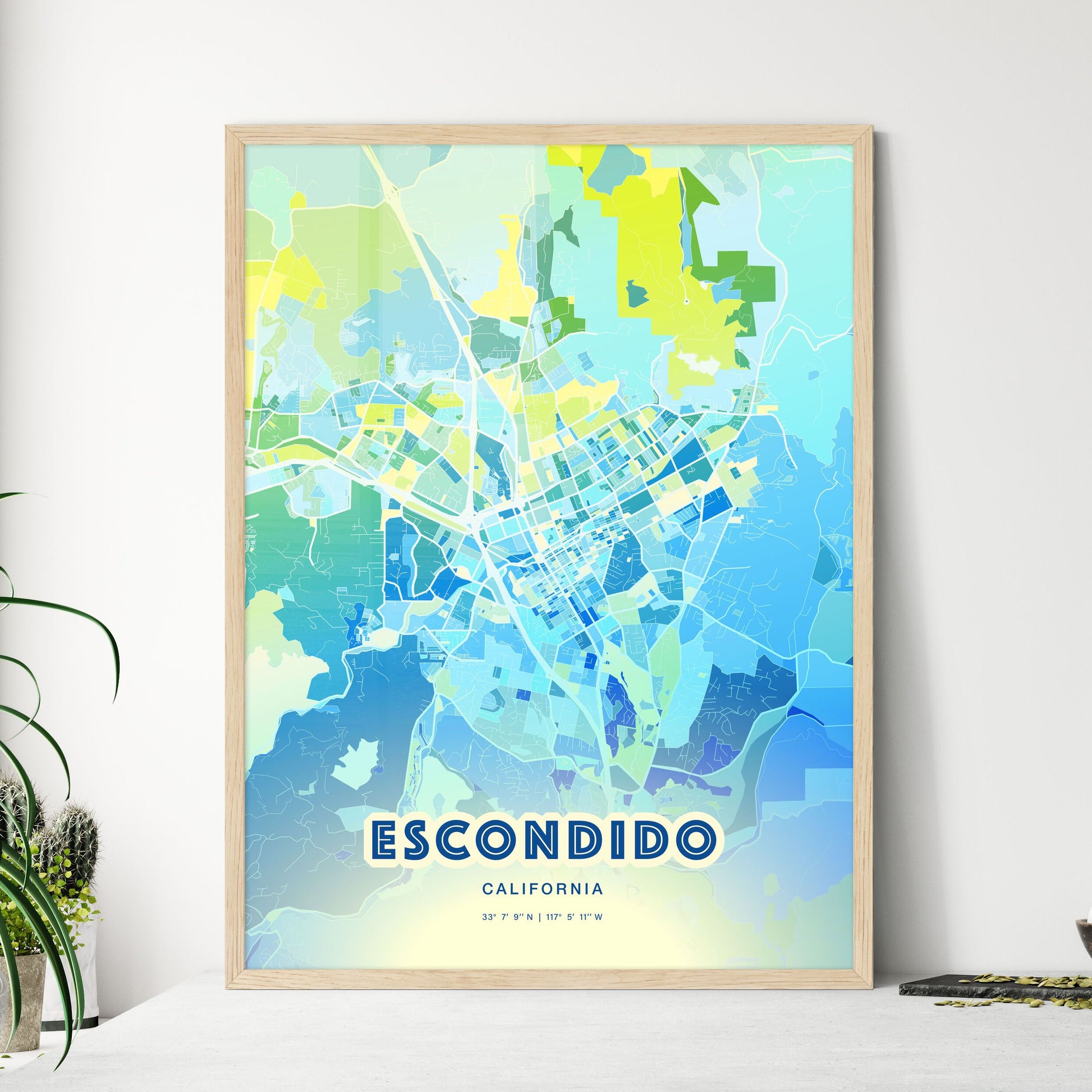 Colorful Escondido California Fine Art Map Cool Blue