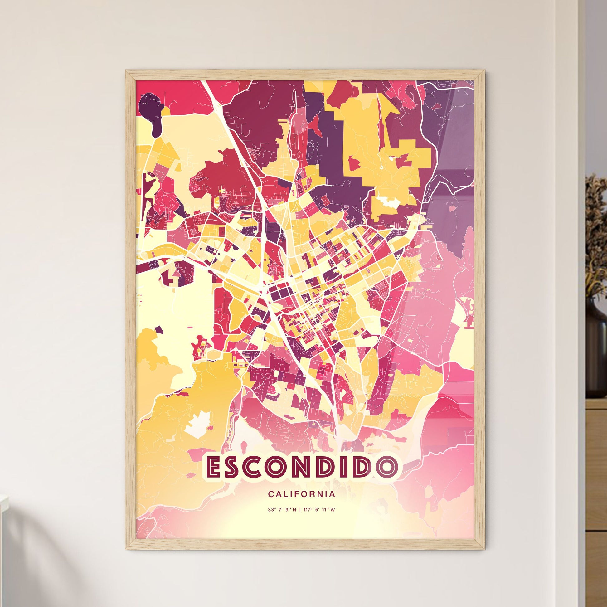 Colorful Escondido California Fine Art Map Hot Red