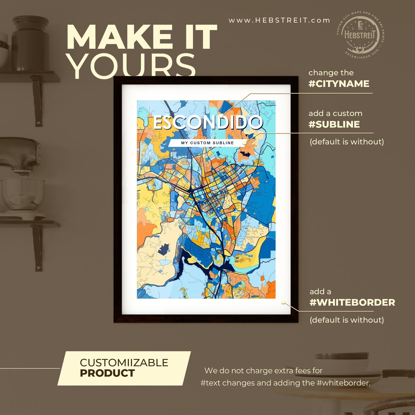 ESCONDIDO CALIFORNIA Vibrant Colorful Art Map Poster Blue Orange