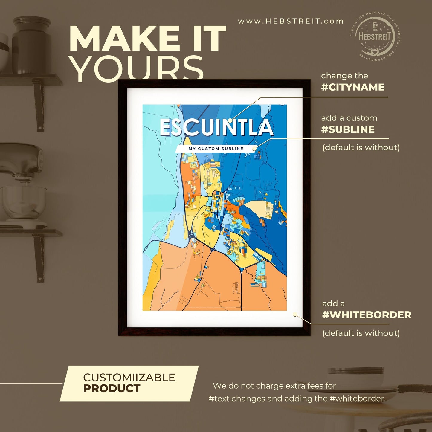 ESCUINTLA GUATEMALA Vibrant Colorful Art Map Poster Blue Orange