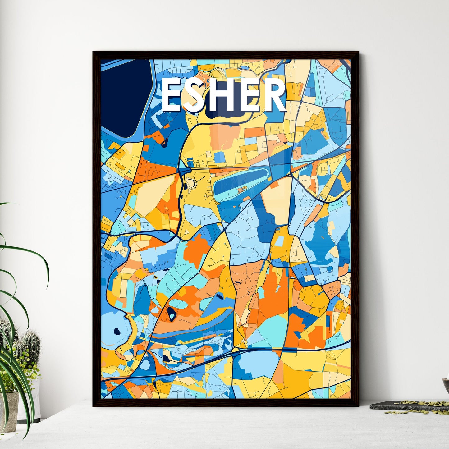 ESHER ENGLAND Vibrant Colorful Art Map Poster Blue Orange