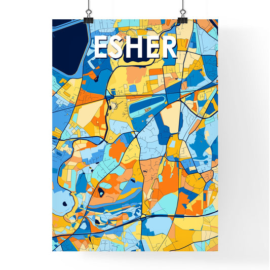 ESHER ENGLAND Vibrant Colorful Art Map Poster Blue Orange