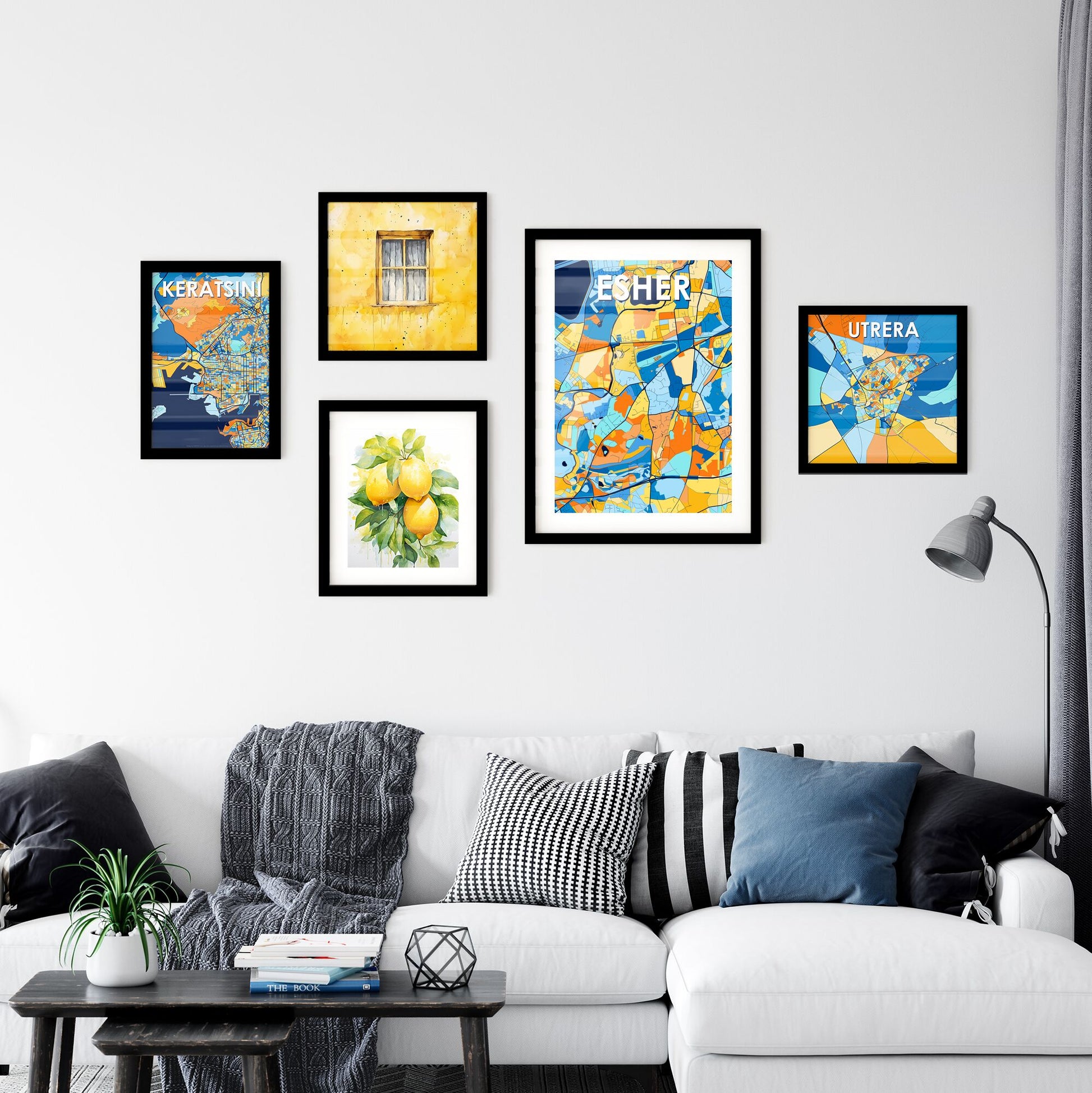 ESHER ENGLAND Vibrant Colorful Art Map Poster Blue Orange