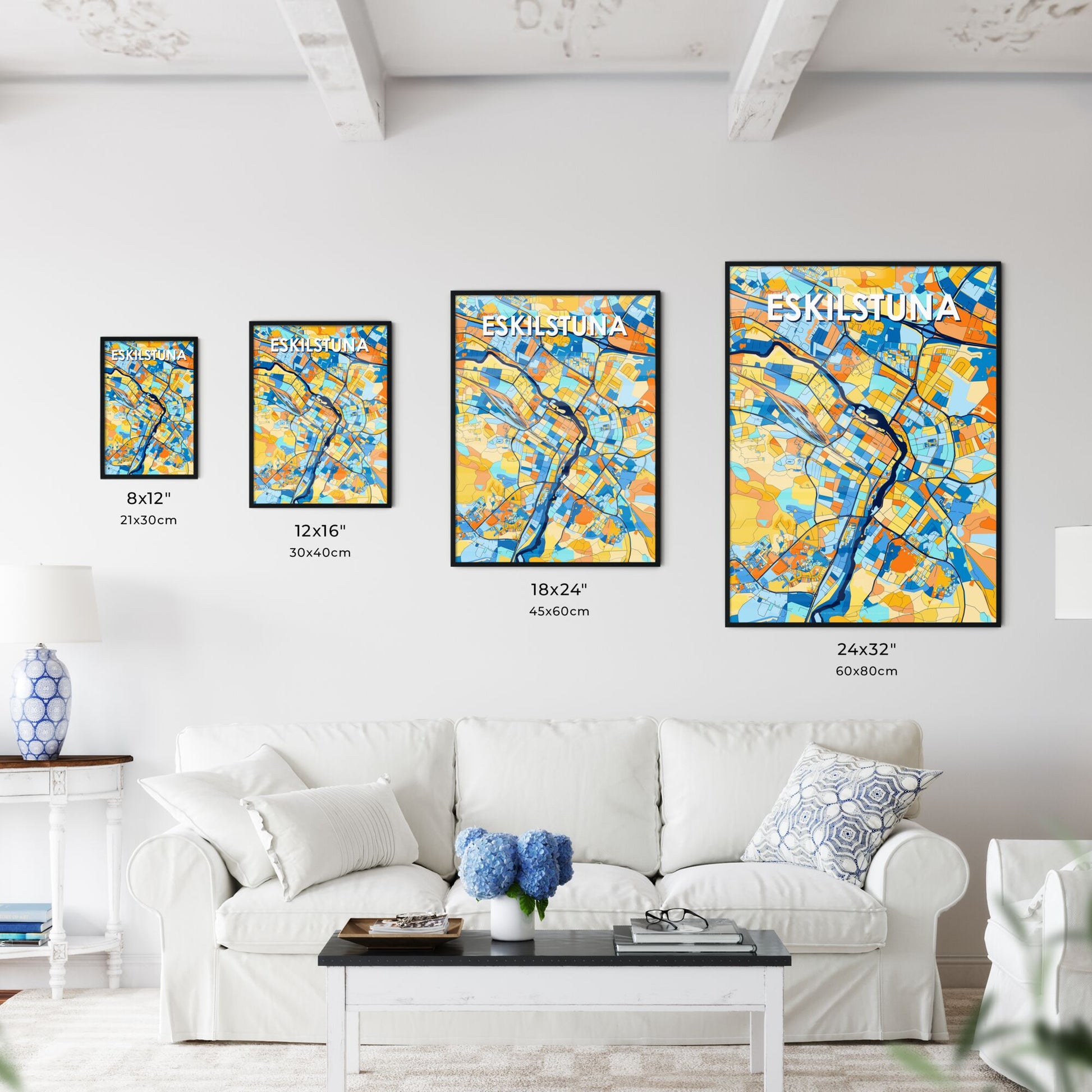 ESKILSTUNA SWEDEN Vibrant Colorful Art Map Poster Blue Orange