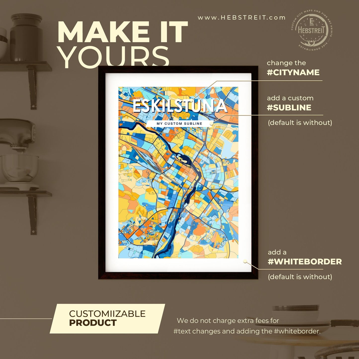 ESKILSTUNA SWEDEN Vibrant Colorful Art Map Poster Blue Orange
