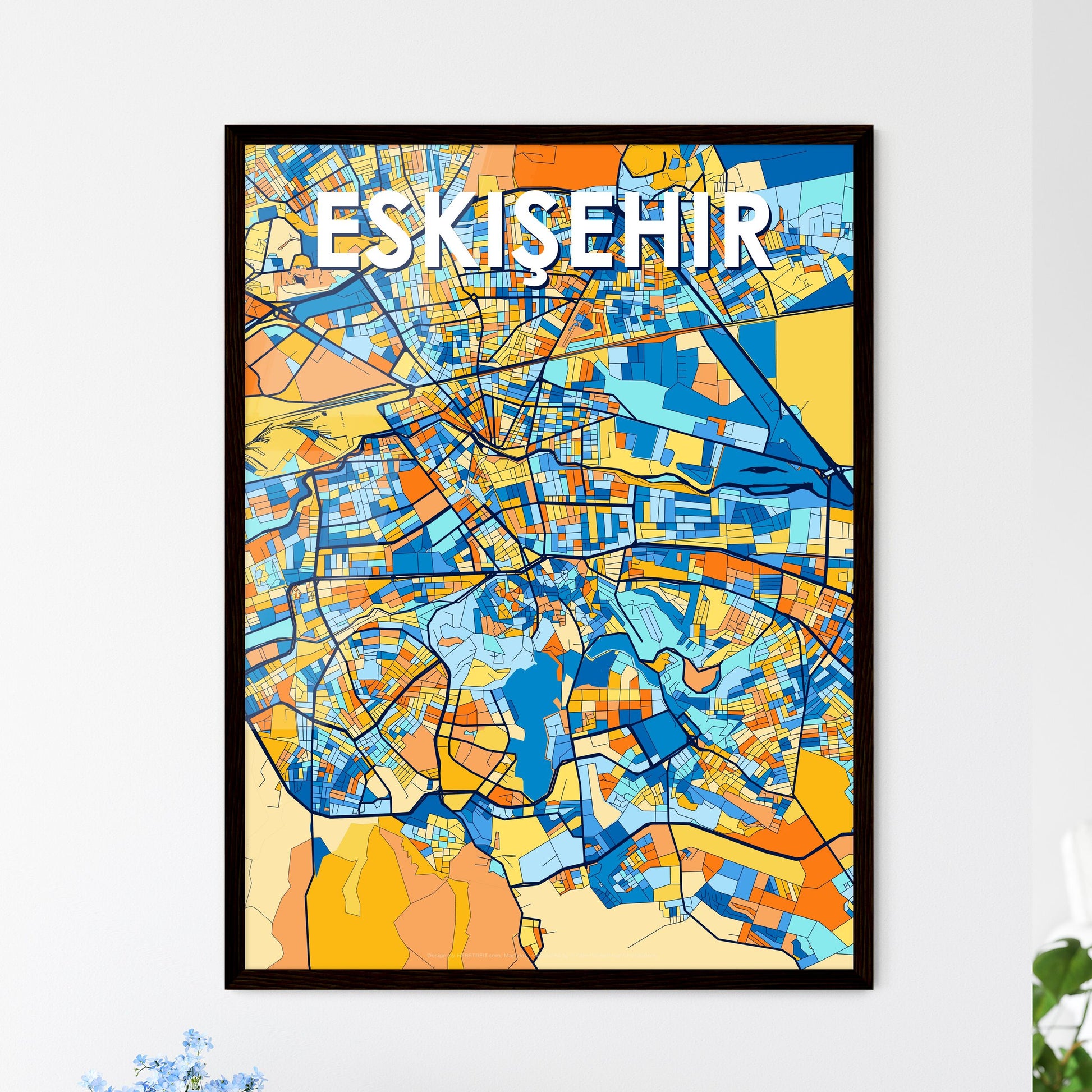 ESKIŞEHIR TURKEY Vibrant Colorful Art Map Poster Blue Orange