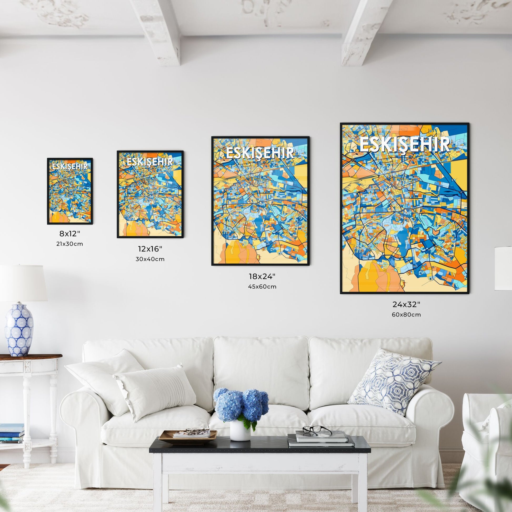 ESKIŞEHIR TURKEY Vibrant Colorful Art Map Poster Blue Orange