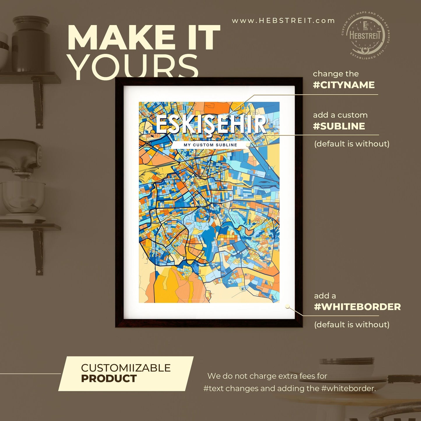 ESKIŞEHIR TURKEY Vibrant Colorful Art Map Poster Blue Orange