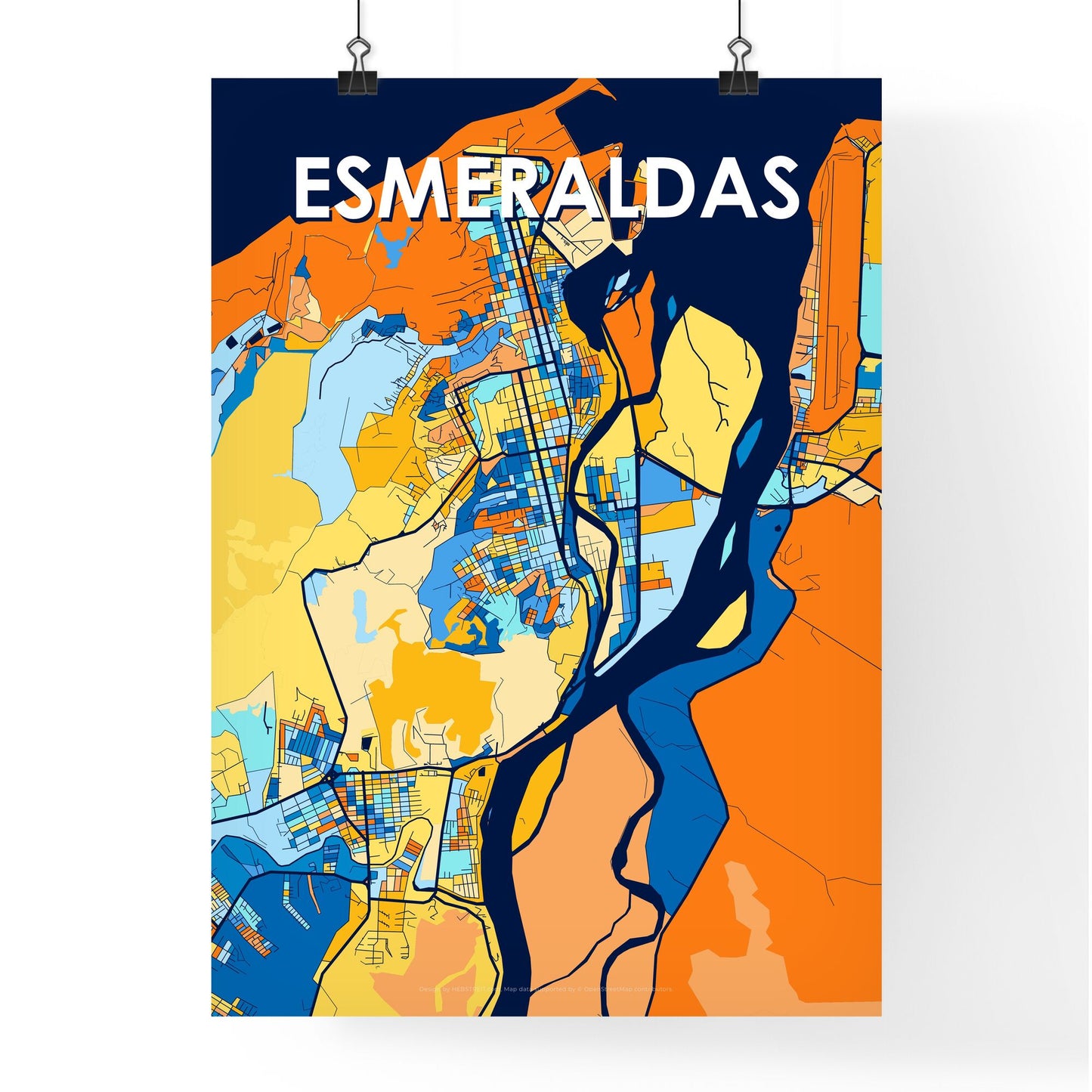 ESMERALDAS ECUADOR Vibrant Colorful Art Map Poster Blue Orange