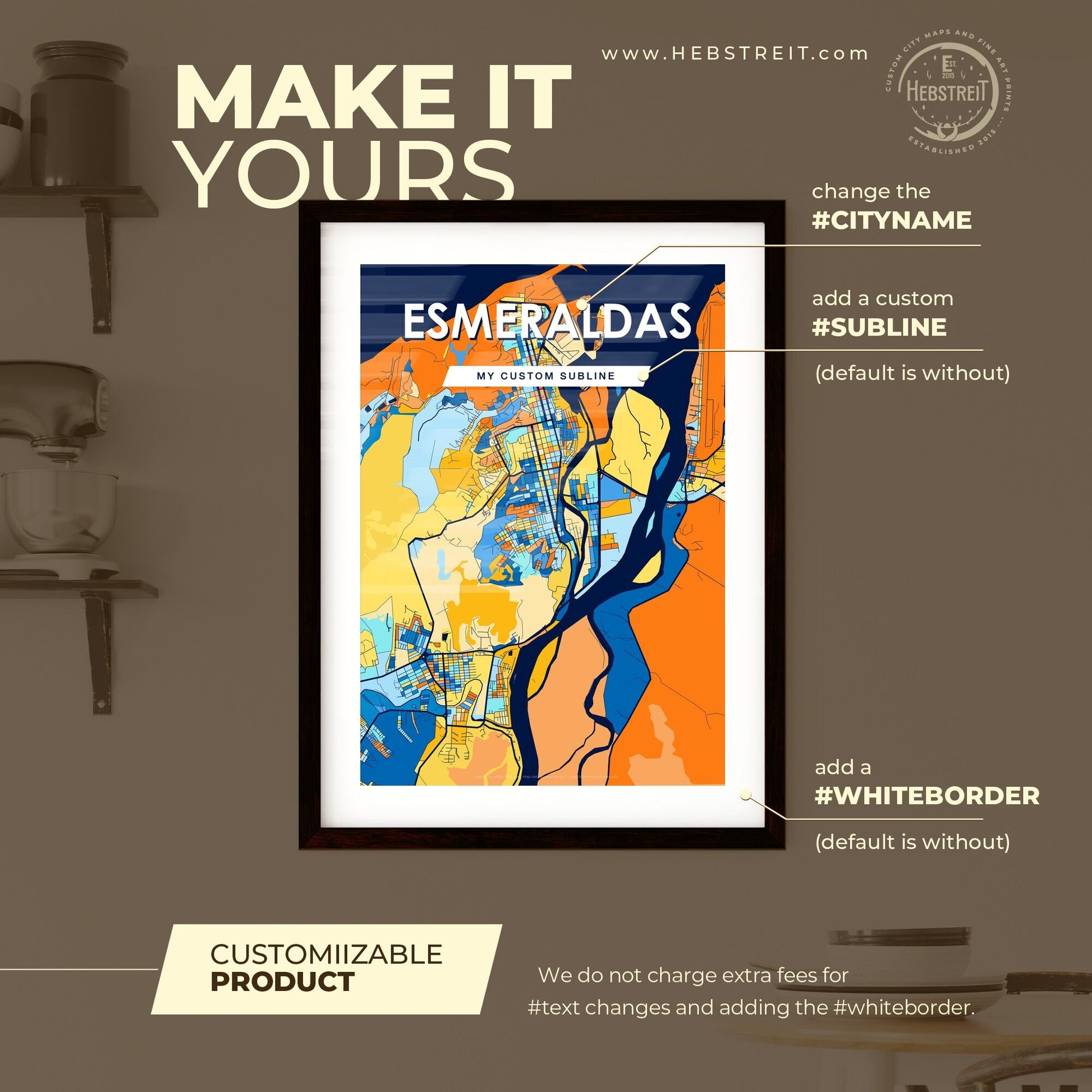 ESMERALDAS ECUADOR Vibrant Colorful Art Map Poster Blue Orange