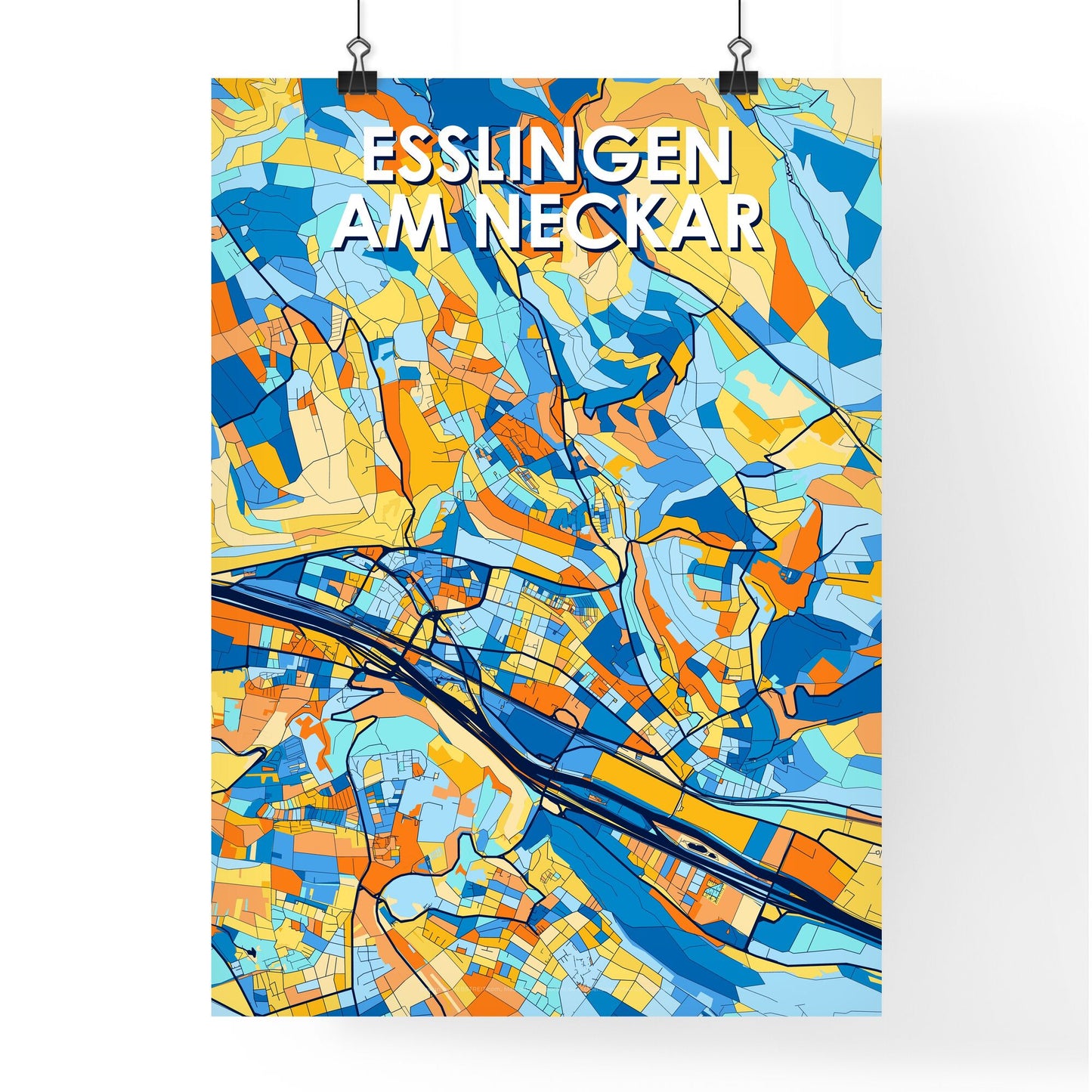 ESSLINGEN AM NECKAR GERMANY Vibrant Colorful Art Map Poster Blue Orange