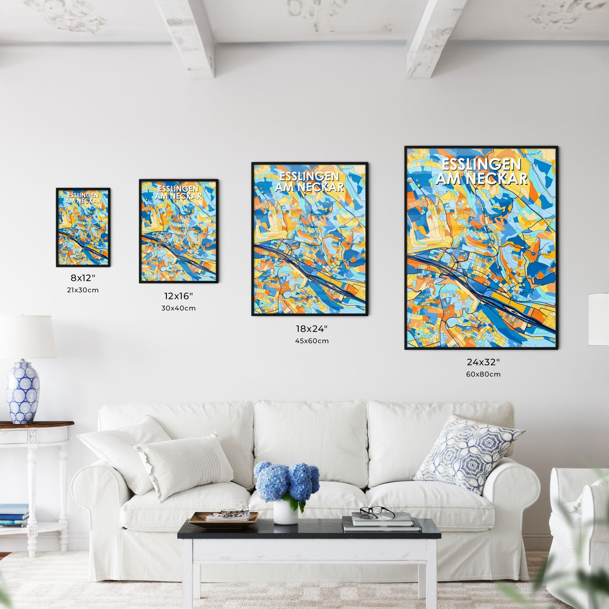 ESSLINGEN AM NECKAR GERMANY Vibrant Colorful Art Map Poster Blue Orange