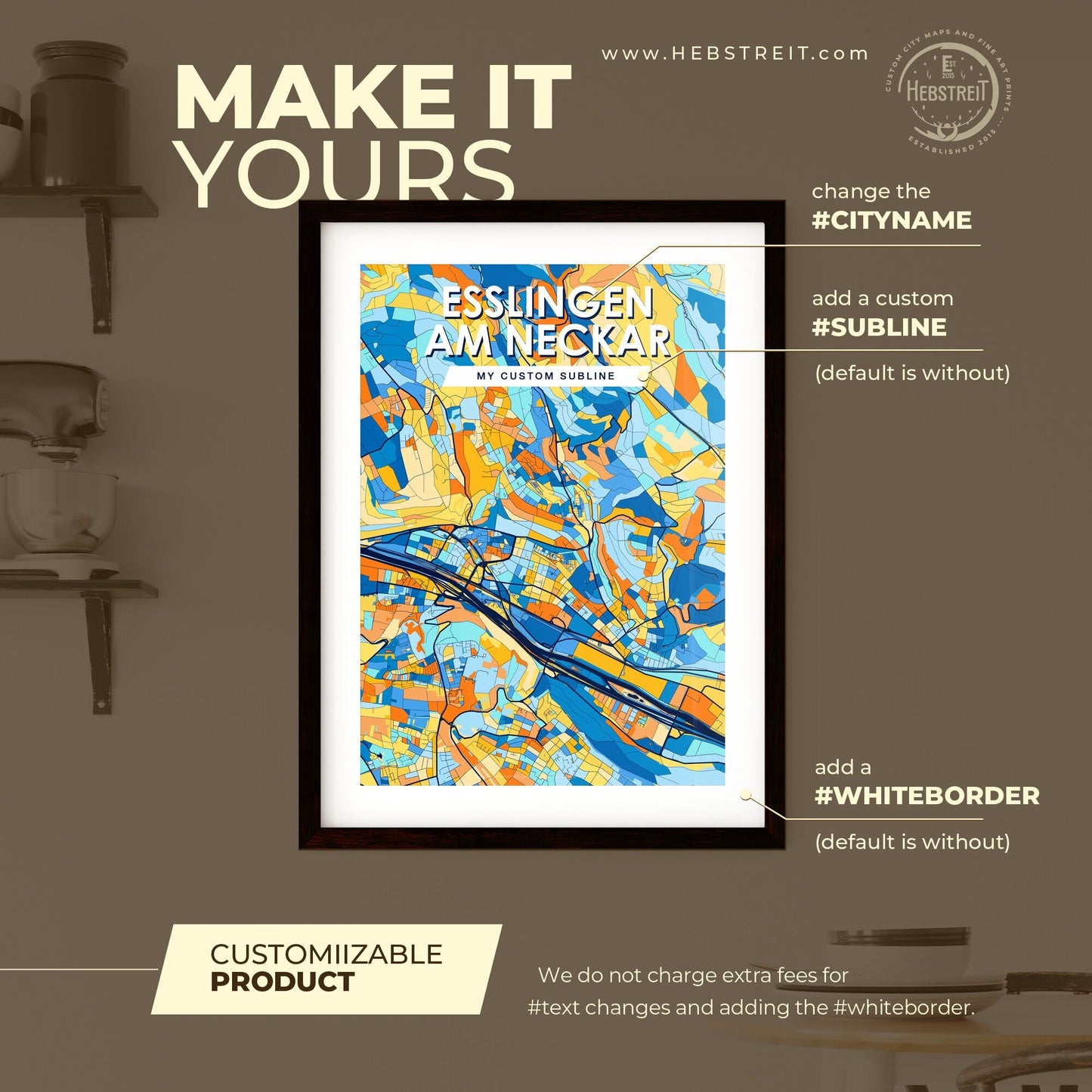 ESSLINGEN AM NECKAR GERMANY Vibrant Colorful Art Map Poster Blue Orange