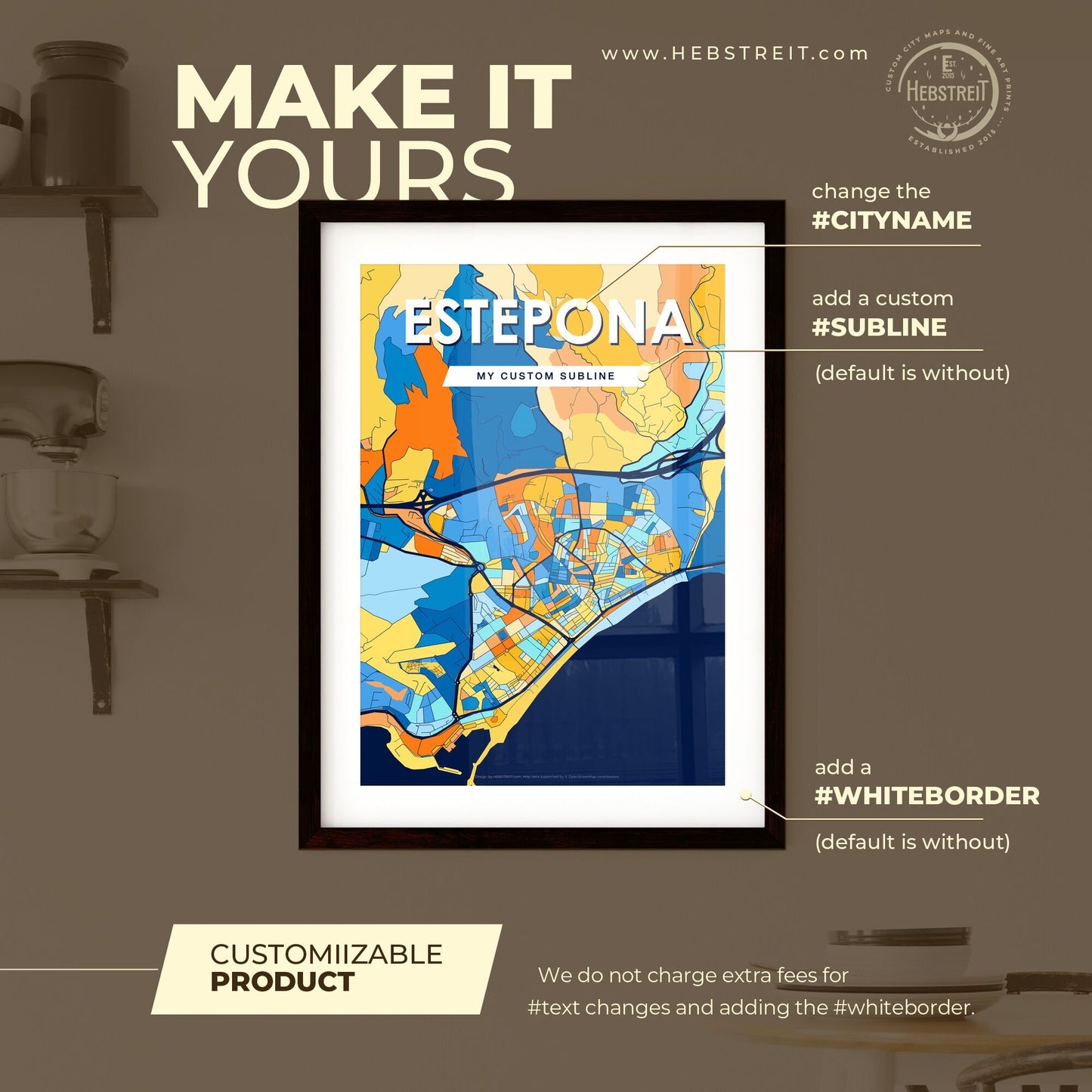 ESTEPONA SPAIN Vibrant Colorful Art Map Poster Blue Orange