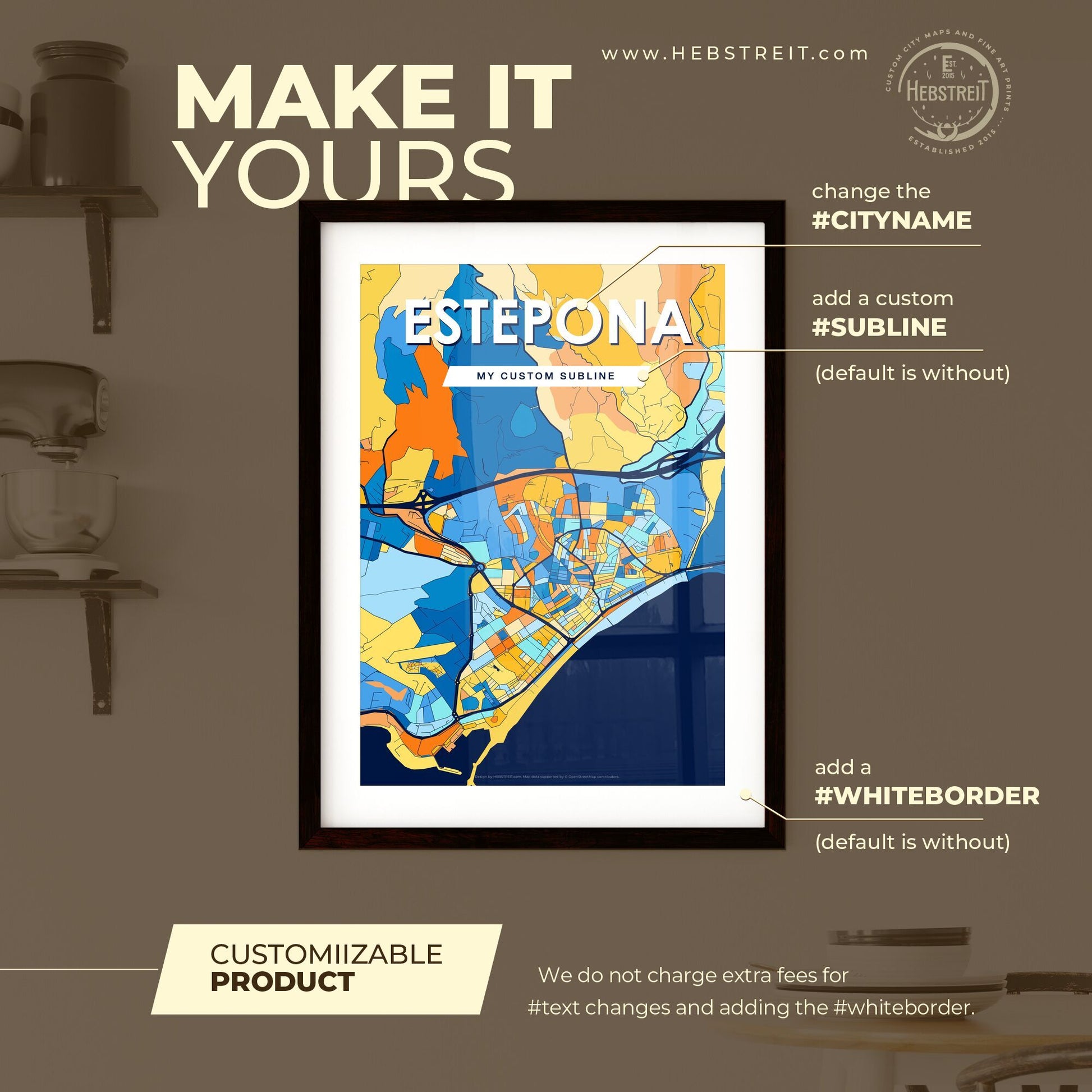 ESTEPONA SPAIN Vibrant Colorful Art Map Poster Blue Orange