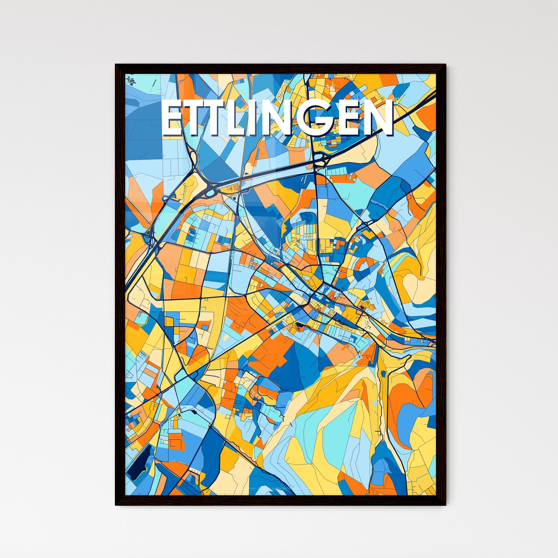 ETTLINGEN GERMANY Vibrant Colorful Art Map Poster Blue Orange