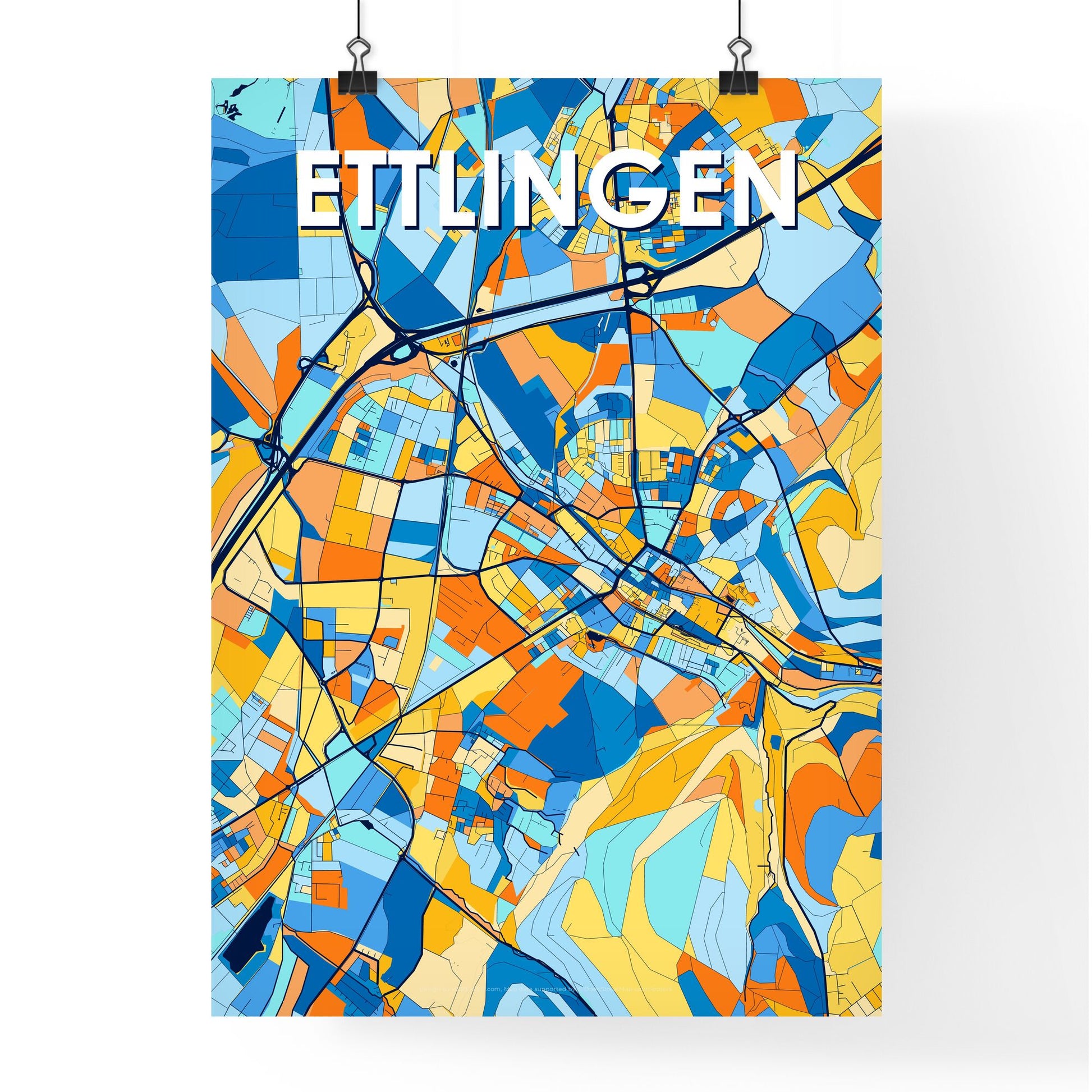 ETTLINGEN GERMANY Vibrant Colorful Art Map Poster Blue Orange