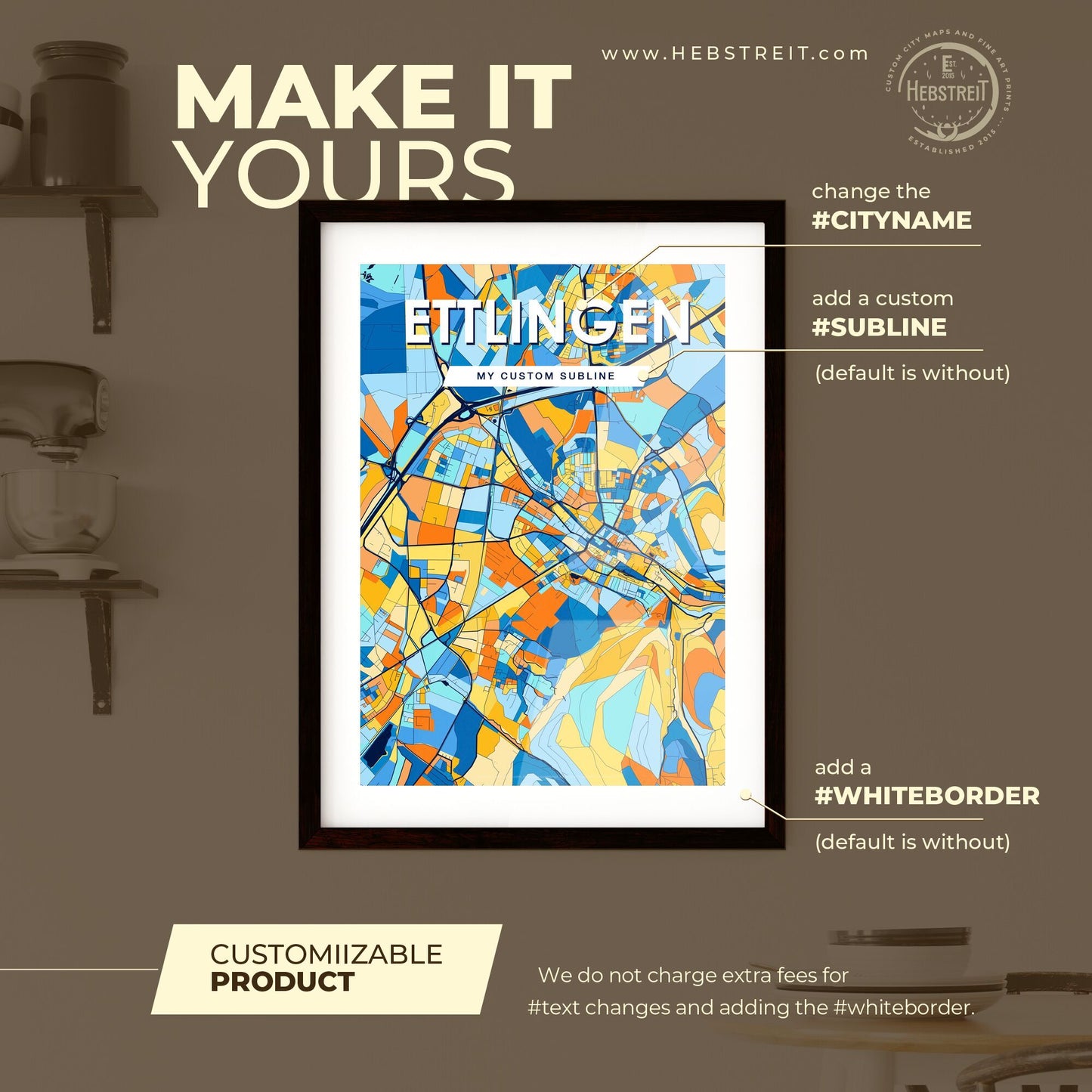 ETTLINGEN GERMANY Vibrant Colorful Art Map Poster Blue Orange