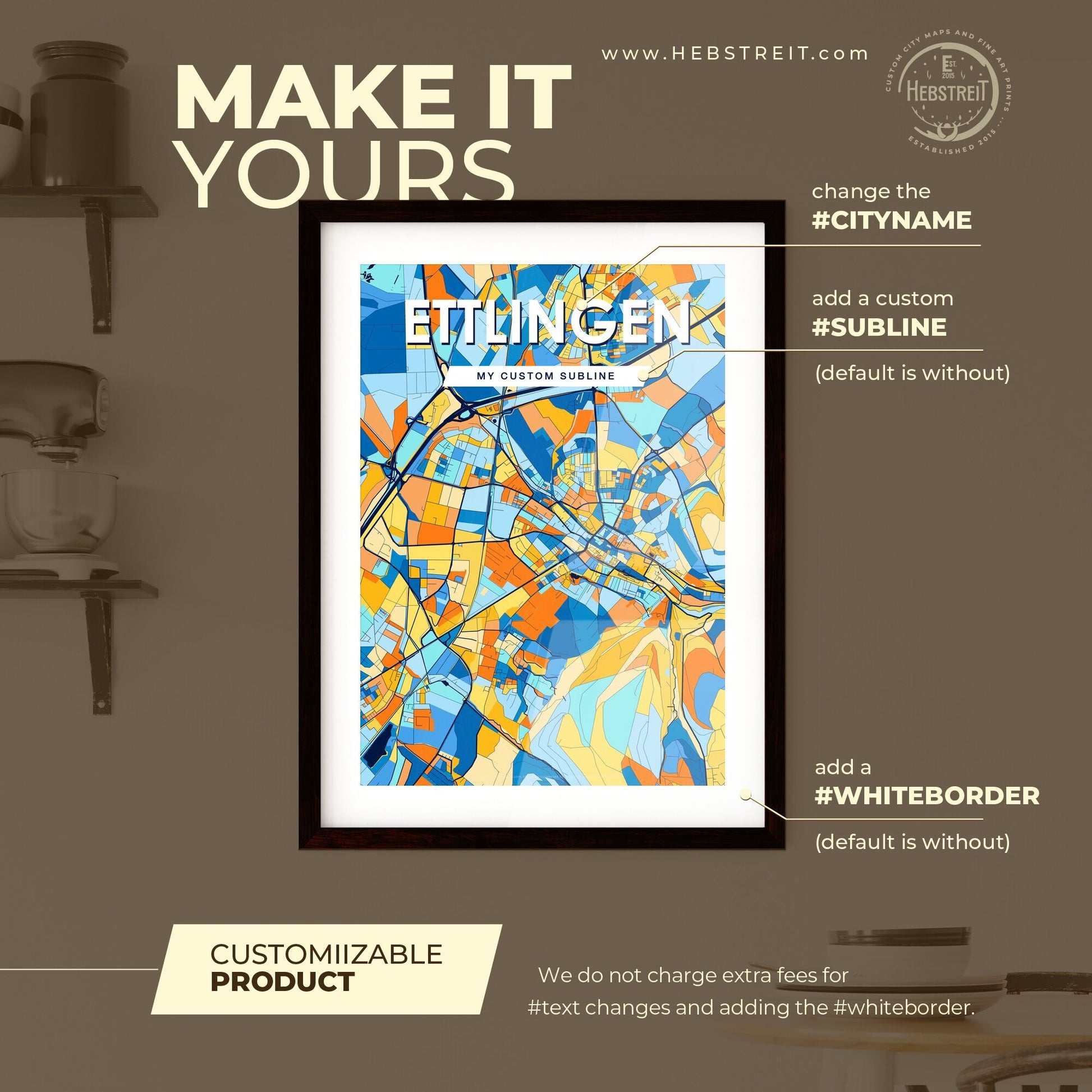 ETTLINGEN GERMANY Vibrant Colorful Art Map Poster Blue Orange