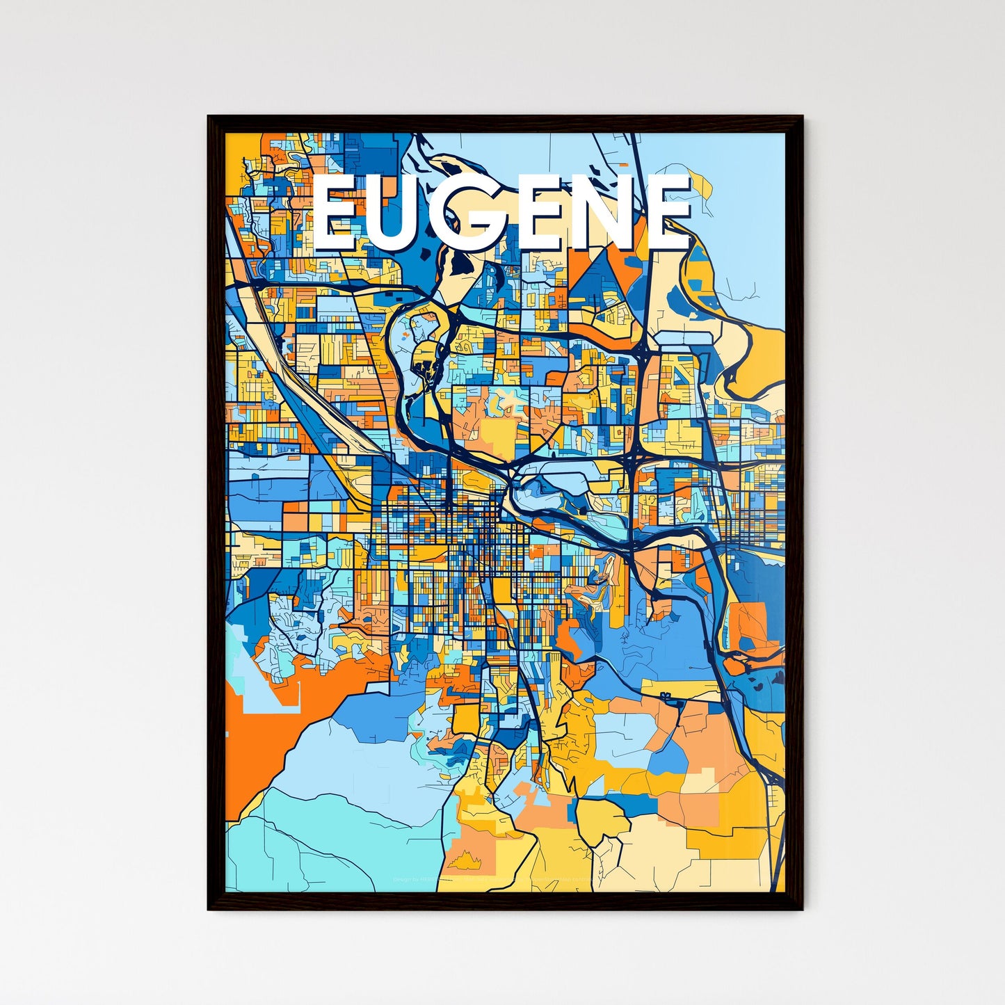 EUGENE OREGON Vibrant Colorful Art Map Poster Blue Orange