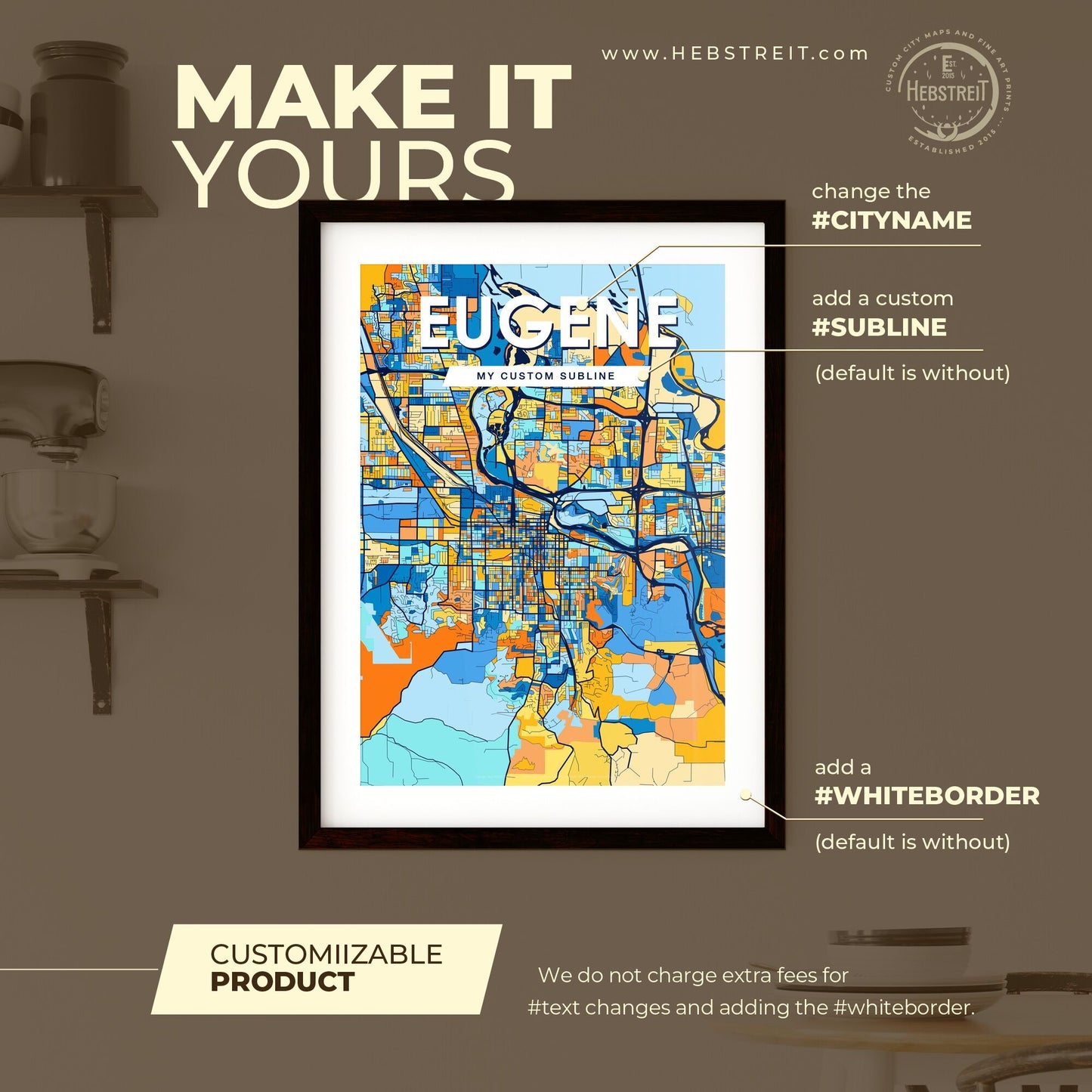 EUGENE OREGON Vibrant Colorful Art Map Poster Blue Orange