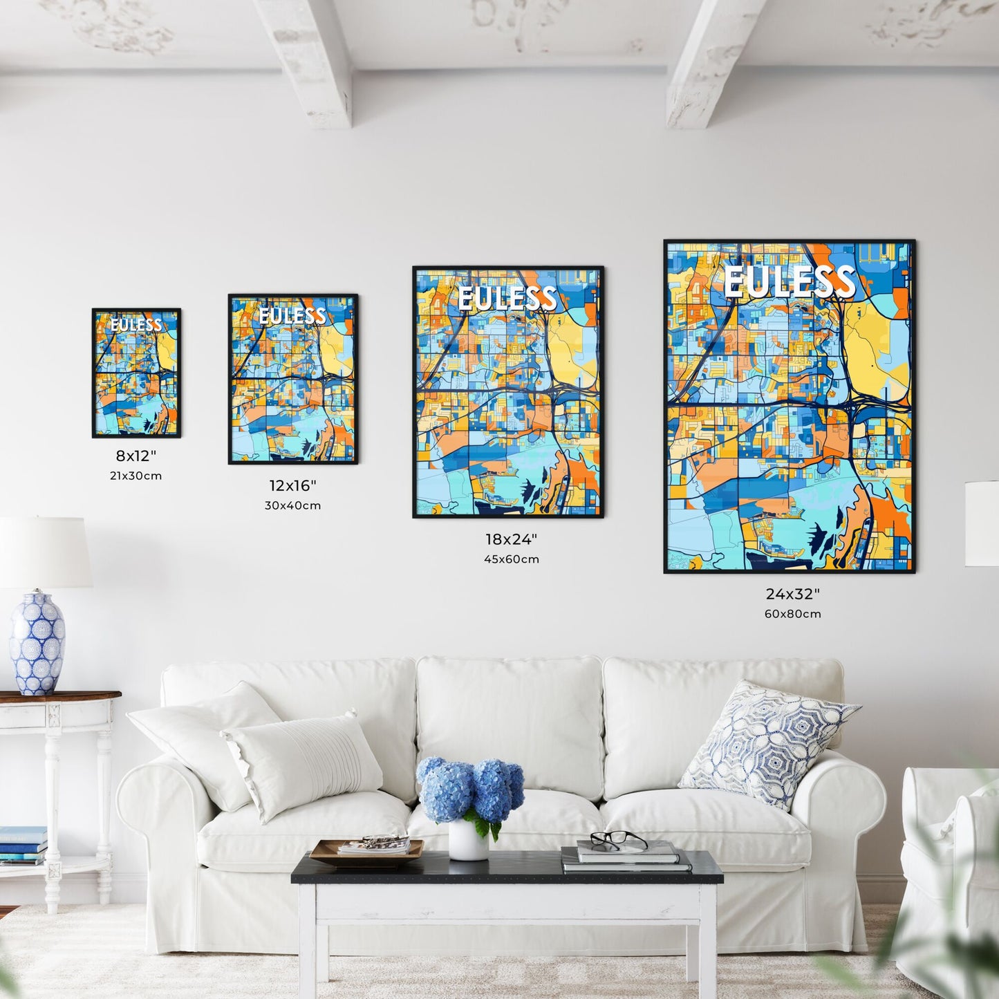 EULESS TEXAS Vibrant Colorful Art Map Poster Blue Orange