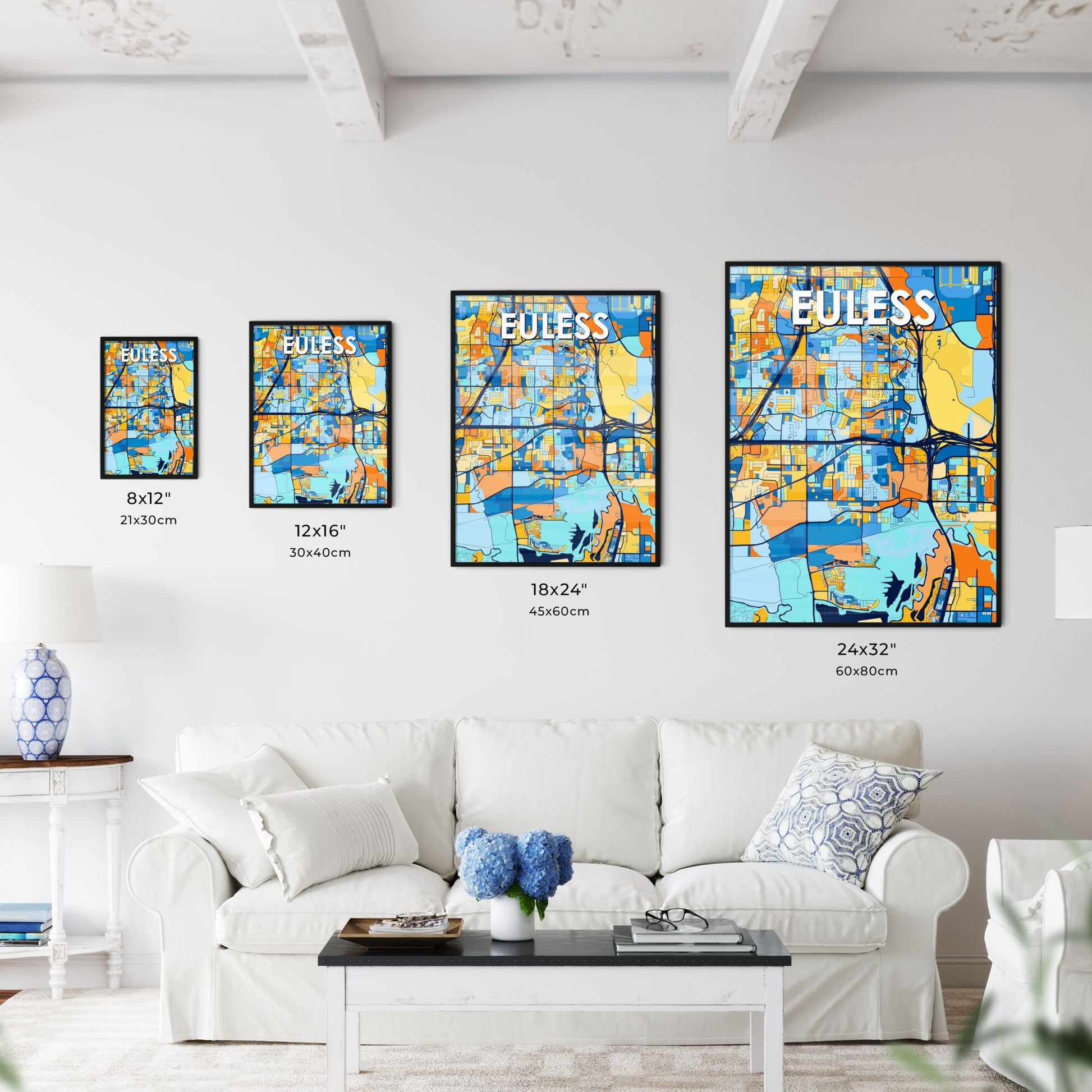 EULESS TEXAS Vibrant Colorful Art Map Poster Blue Orange