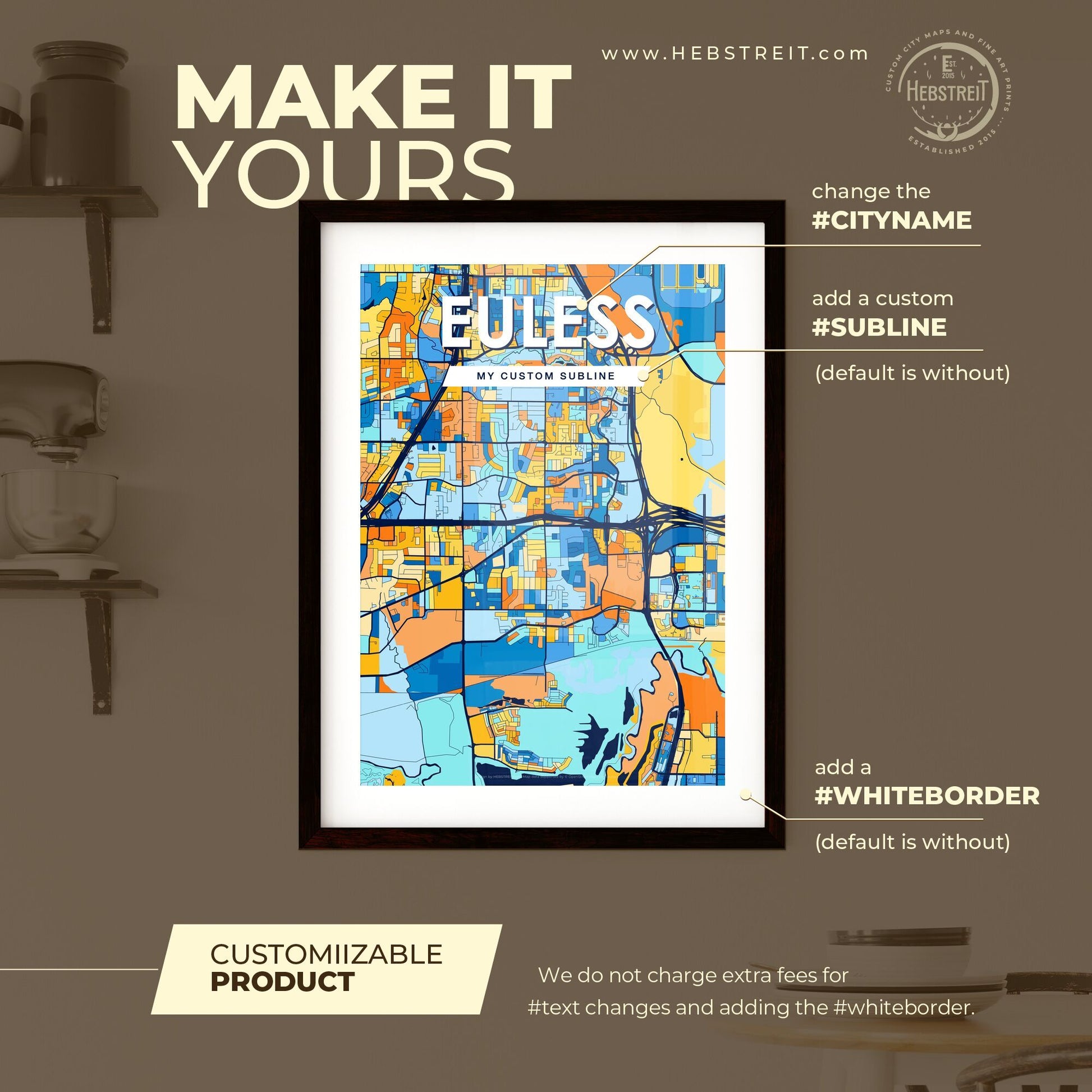 EULESS TEXAS Vibrant Colorful Art Map Poster Blue Orange