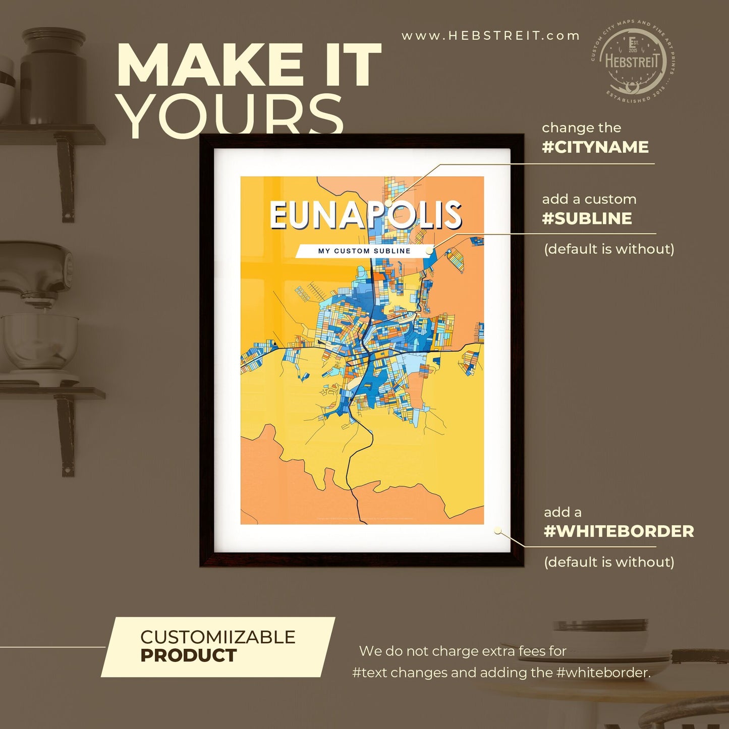 EUNAPOLIS BRAZIL Vibrant Colorful Art Map Poster Blue Orange